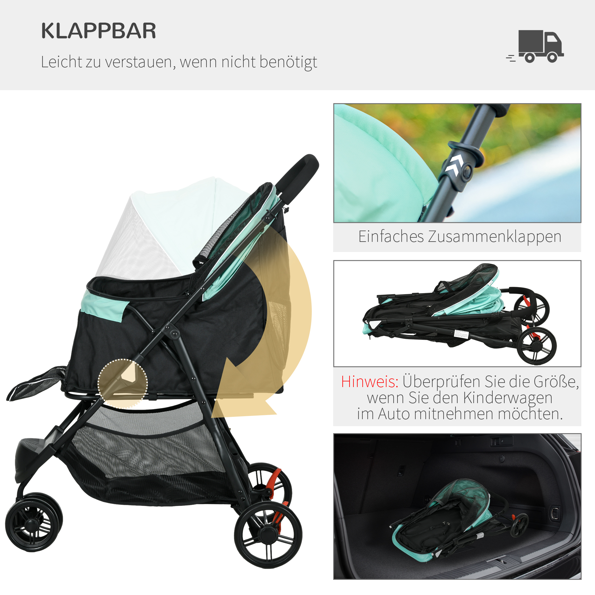 Haustierbuggy Hundebuggy, klappbar, mit Regenschutz, 2 Getränkehalter, Blau + Grün