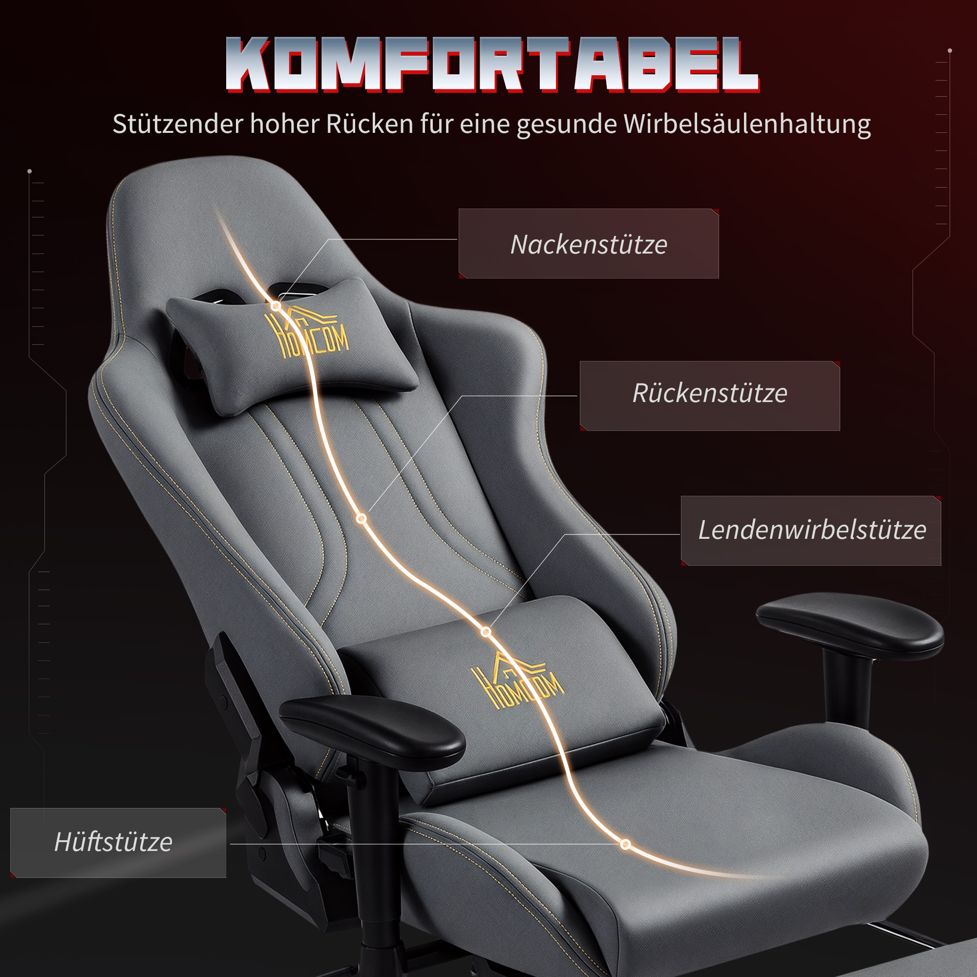 Ergonomischer Gaming-Stuhl mit 3D-Armlehnen, verstellbar, rollbarer Schreibtischstuhl mit Lendenstütze, Grau
