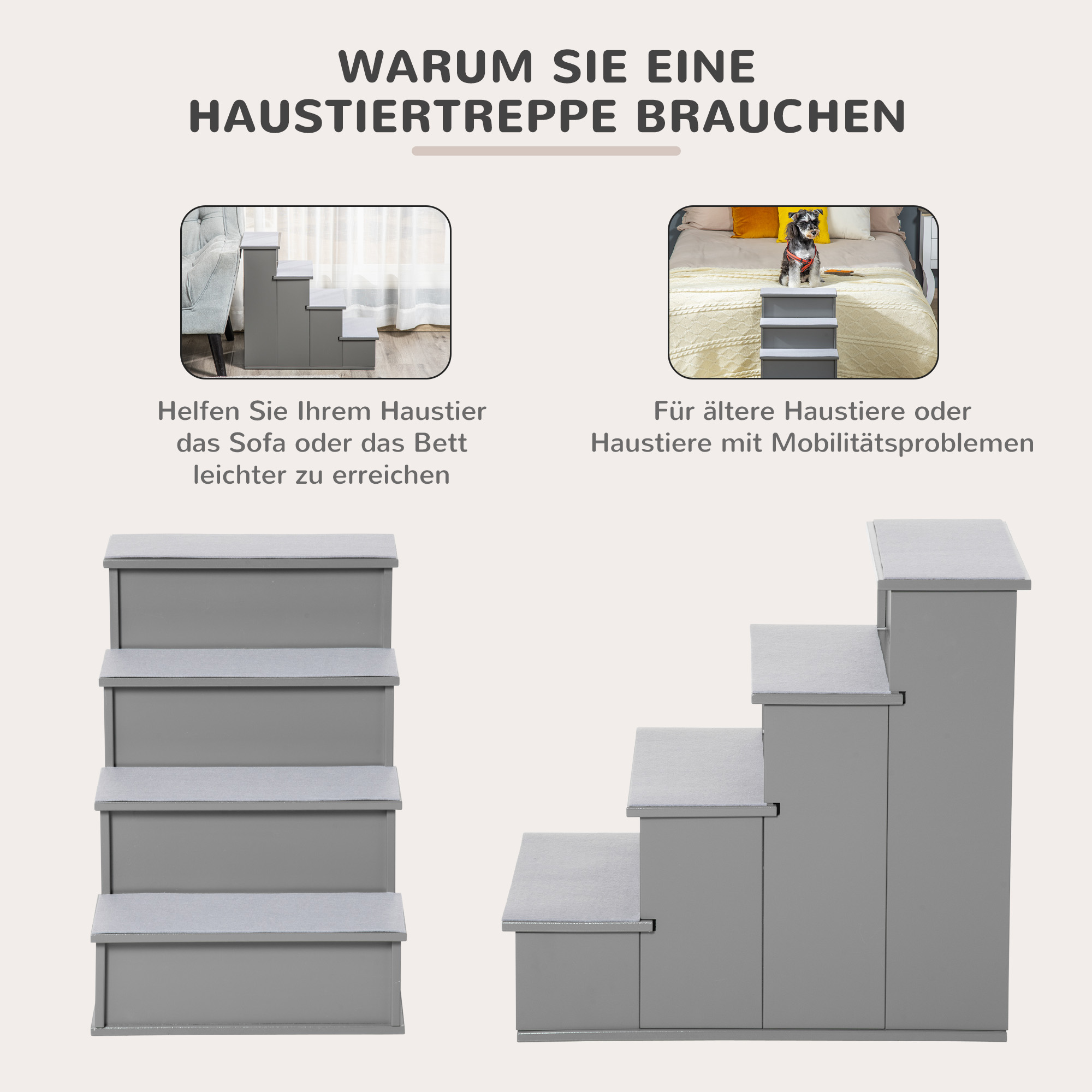 Haustiertreppe, für Hunde/Katzen, 4-stufig, Kurzplüsch, bis 30 kg, 40 x 59 x 54,2 cm, Grau