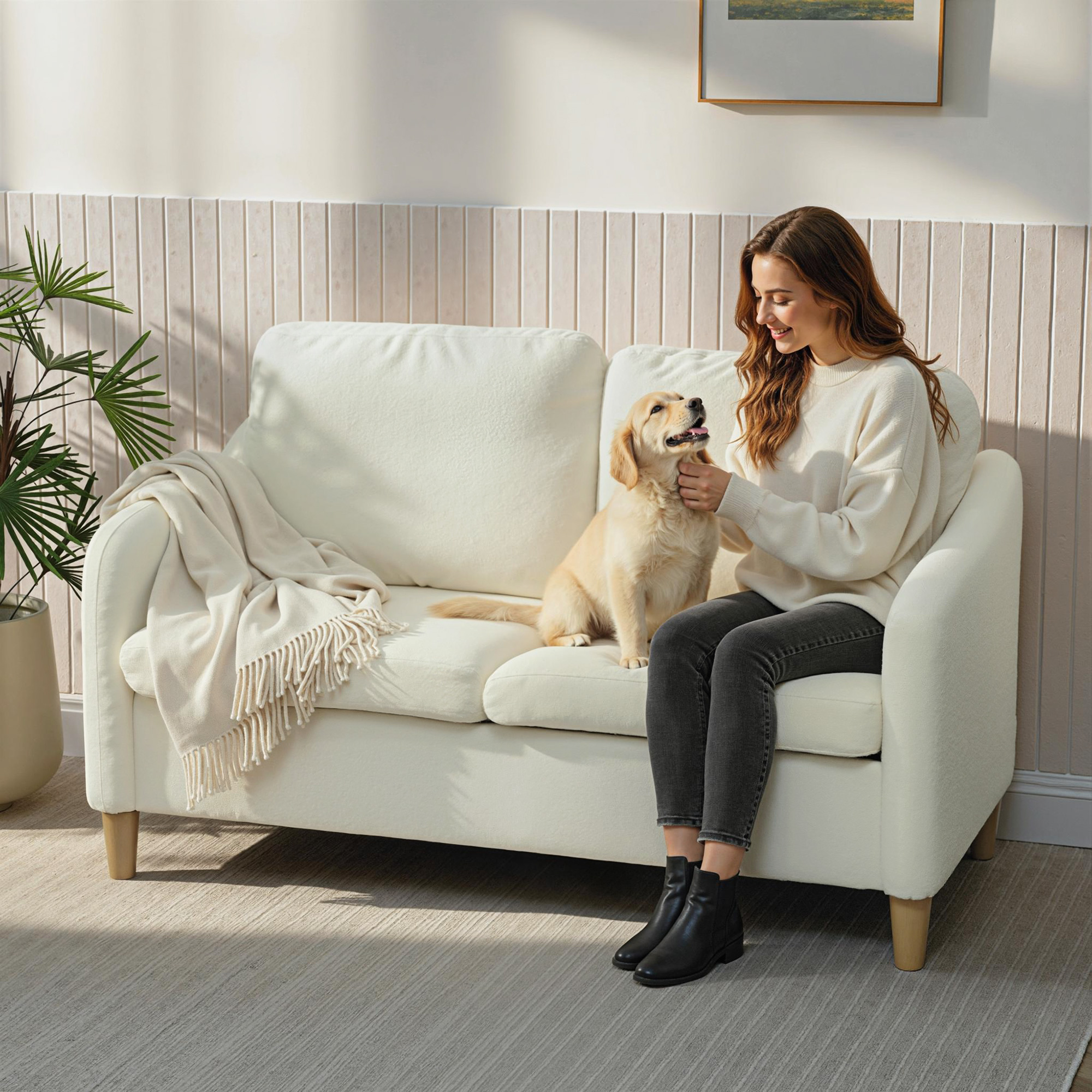 Sofa 2 Sitzer kleine Couch mit Sherpa-Fleece-Optik 137 cm für Wohnzimmer Cremeweiß