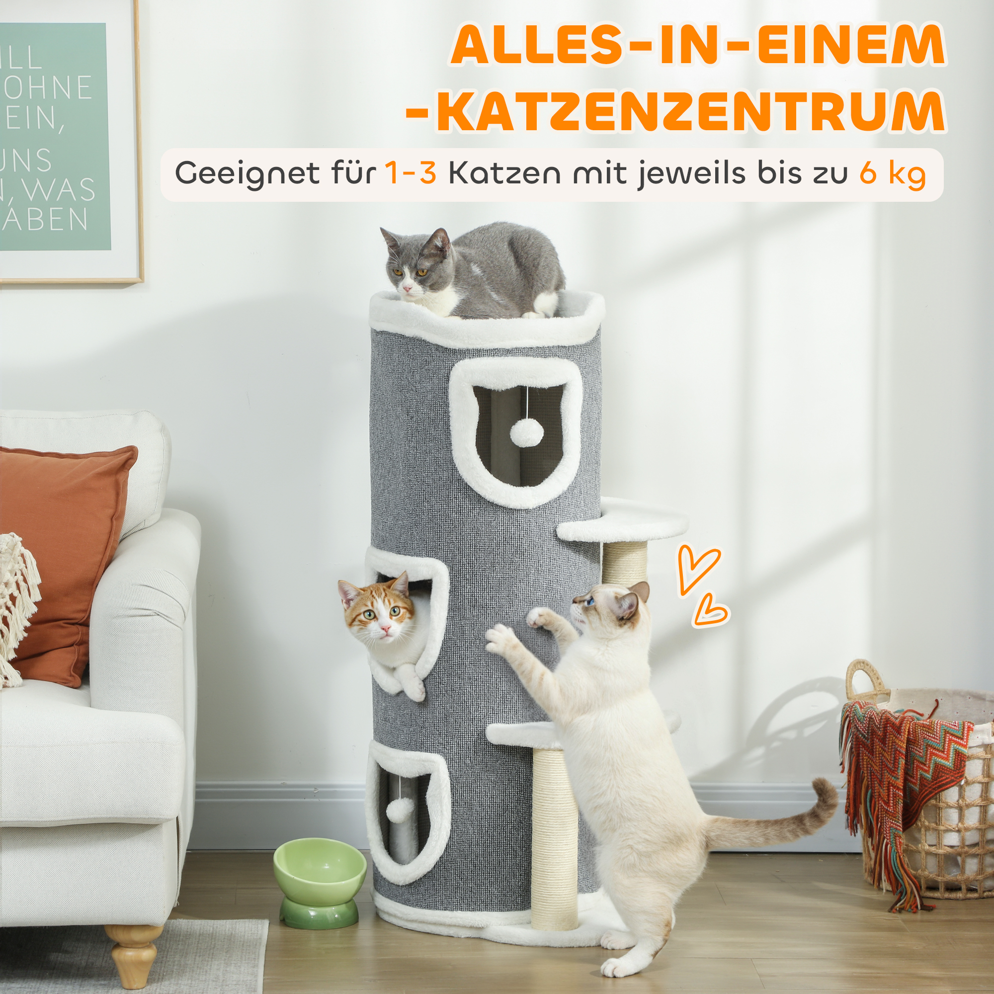 101 cm Katzenturm, 3 Ebenen, 3 Schlafhöhlen, Spielbälle, Kratzpfosten, Sisal, Spanplatte, Grau