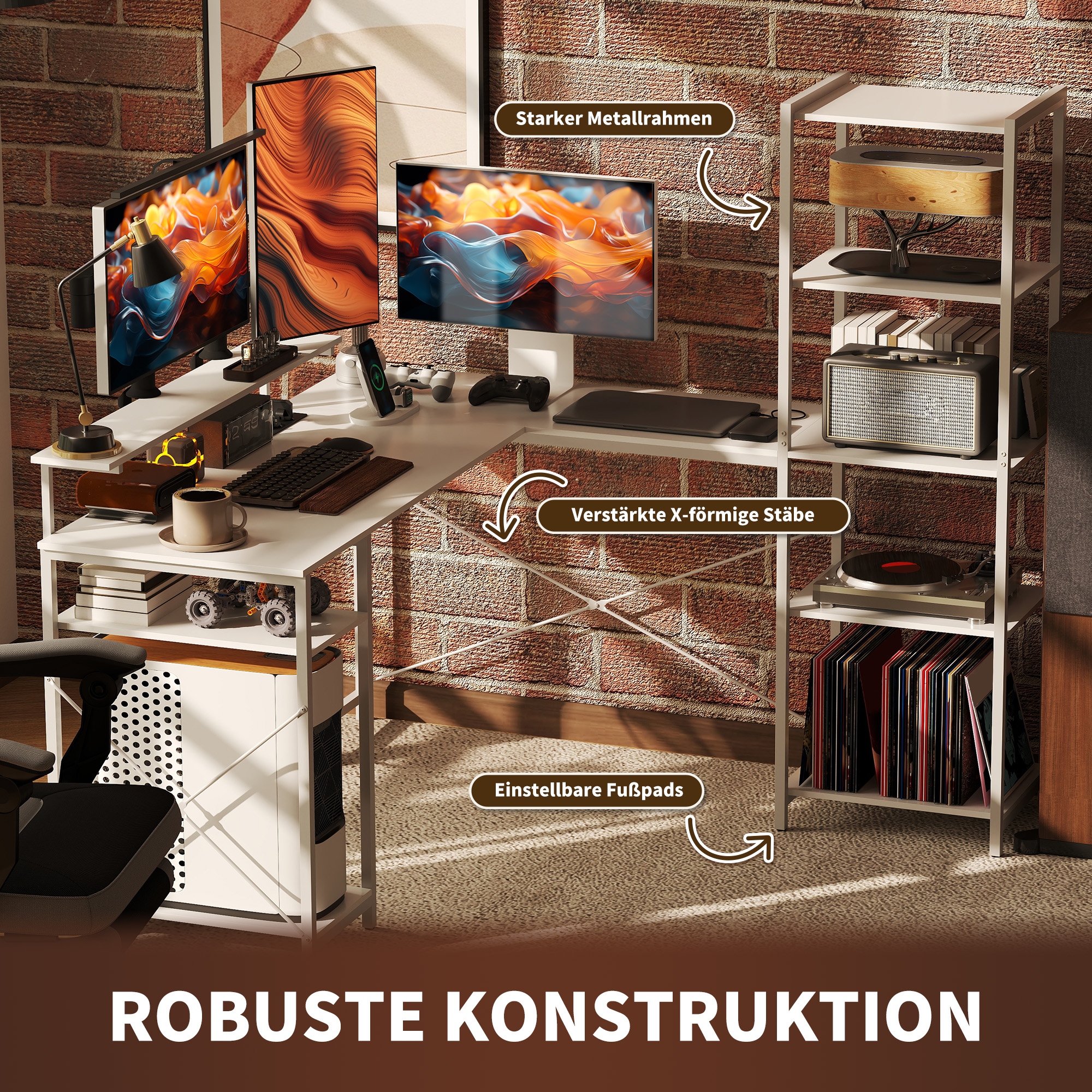 L-förmiger Schreibtisch mit Ladestation, Eck-Computertisch mit Monitorständer und Regalen, für Homeoffice, Büro, Weiß