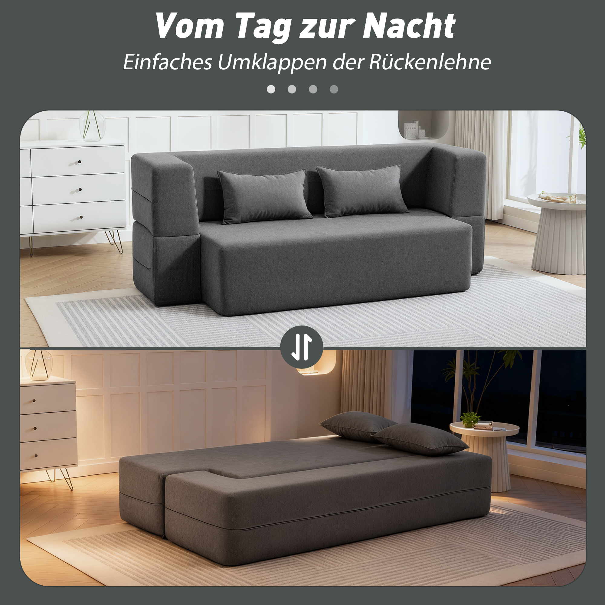 2-Sitzer-Schlafsofa aus Schaumstoff, Schlafcouch mit breiten Armlehnen, 2 Kissen, 360 kg Belastbarkeit, Grau