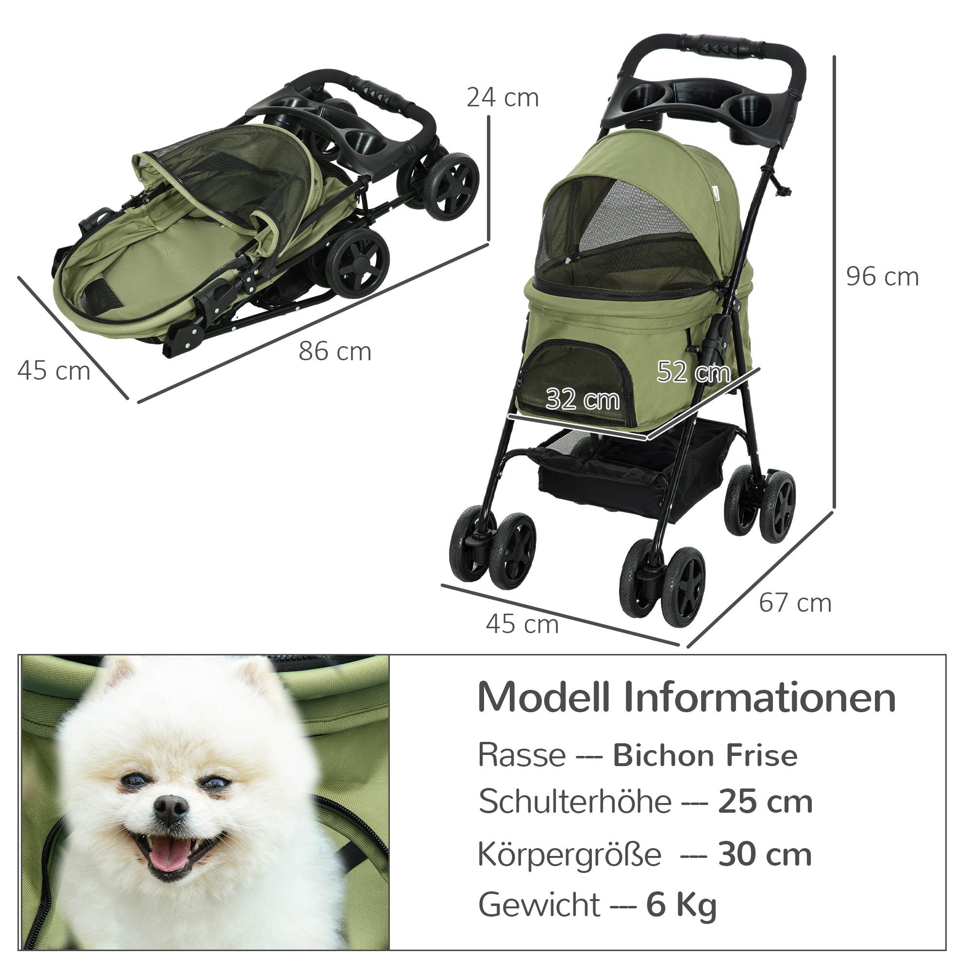 Hundewagen Hundebuggy, klappbar, 2 Sicherheitsleinen, 2 Becherhalter,  67 x 45 x 96 cm, Khaki