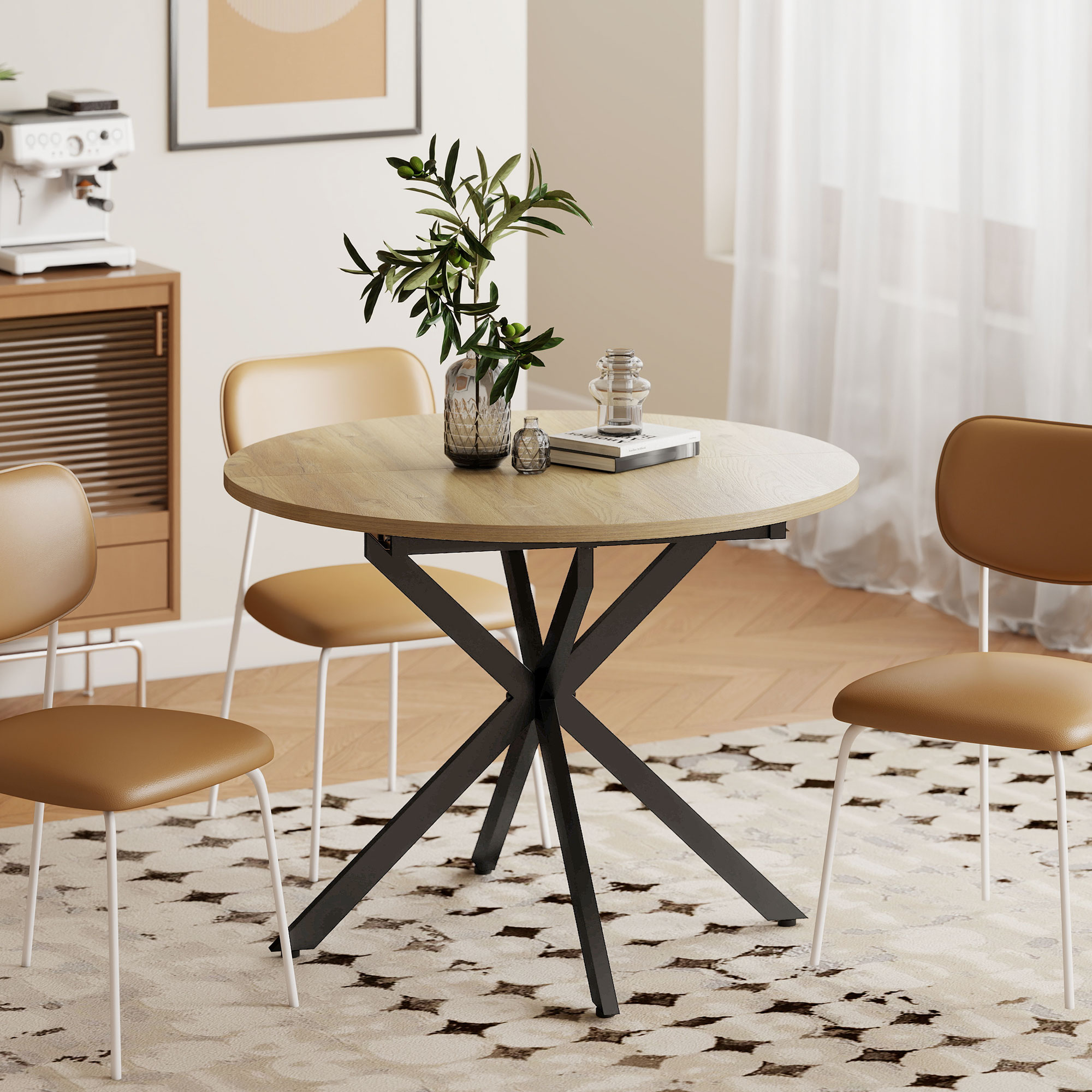 Ausziehbarer runder Esstisch für 4-6 Personen, 100-135 cm, Küchentisch mit X-förmigem Stahlsockel, Naturholz, Schwarz