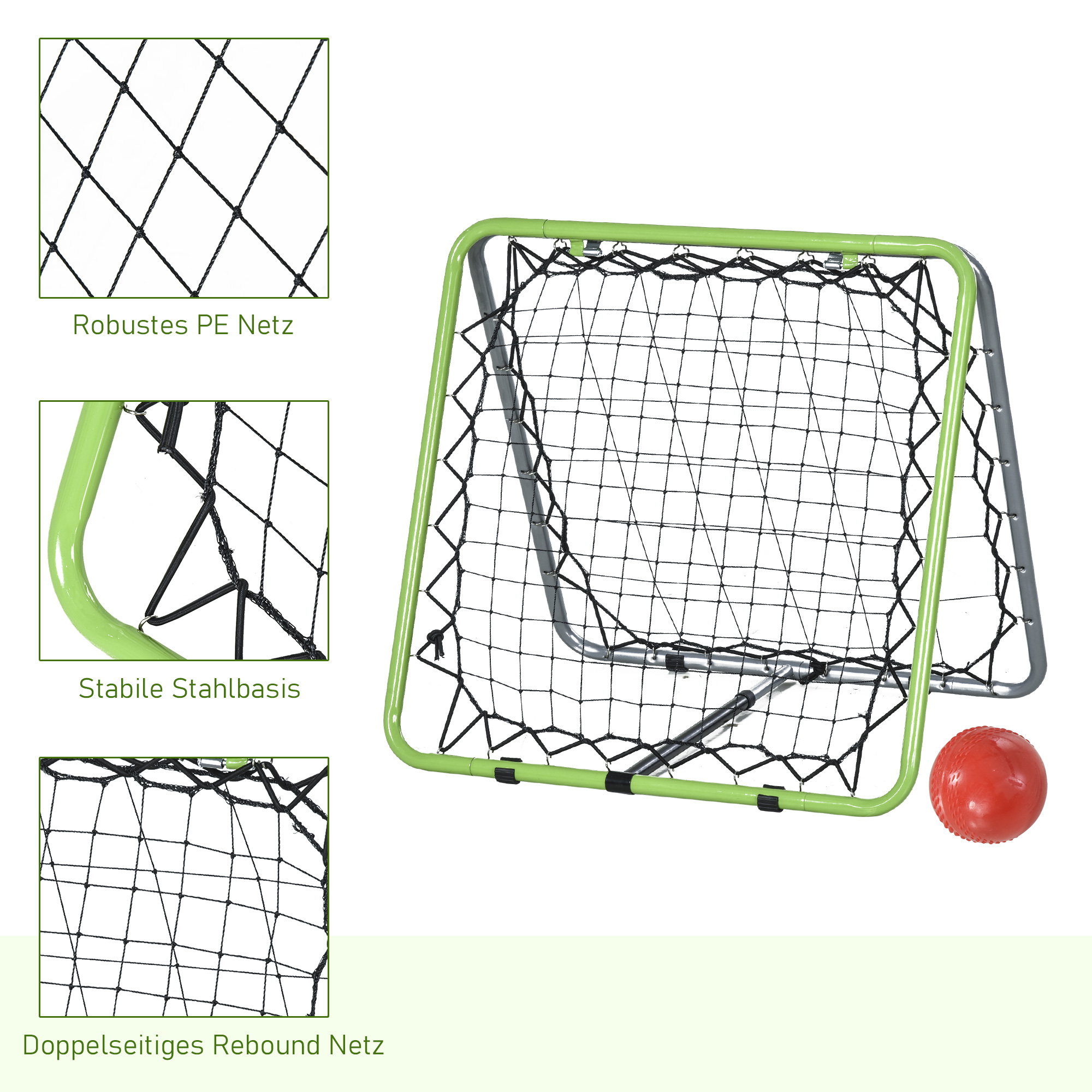 Fußball Rebounder Kickback Tor Rückprallwand Netz für Baseball Basketball beidseitiger Rückprall Verstellbar in 5 Stufen Metall Grün+Schwarz 75 x 75 x 64 cm