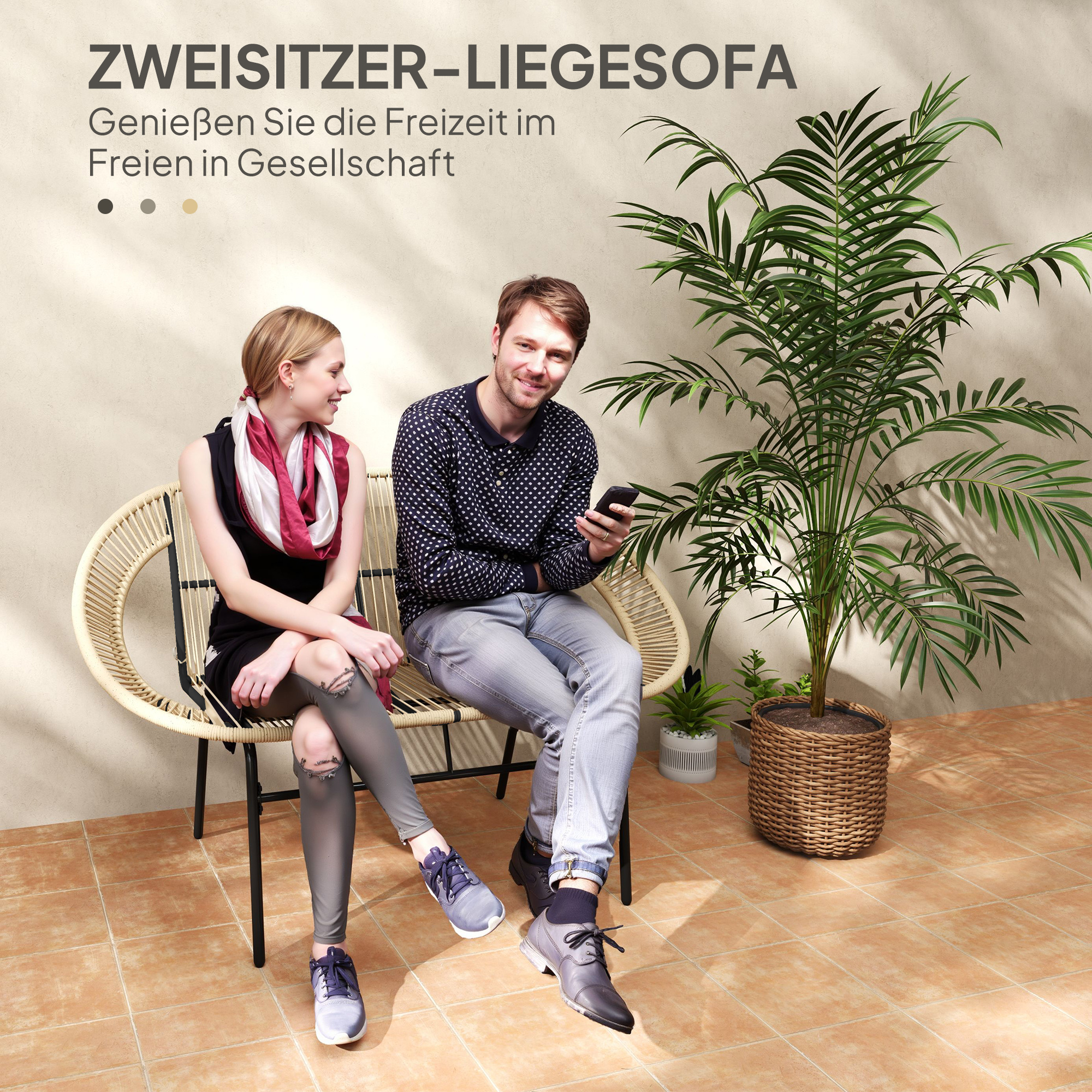 2-Sitzer Gartenbank Polyrattan, wetterfest Sitzbank im Rattanflecht-Design, UV-Beständig 260kg belast Khaki