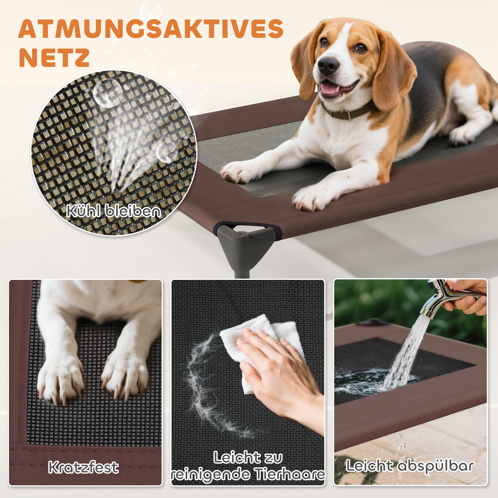 Hundeliege Outdoor mit Dach, erhöhtes Hundebett für Mittelgroße Hunde, 76 x 61 x 71cm, Kaffee