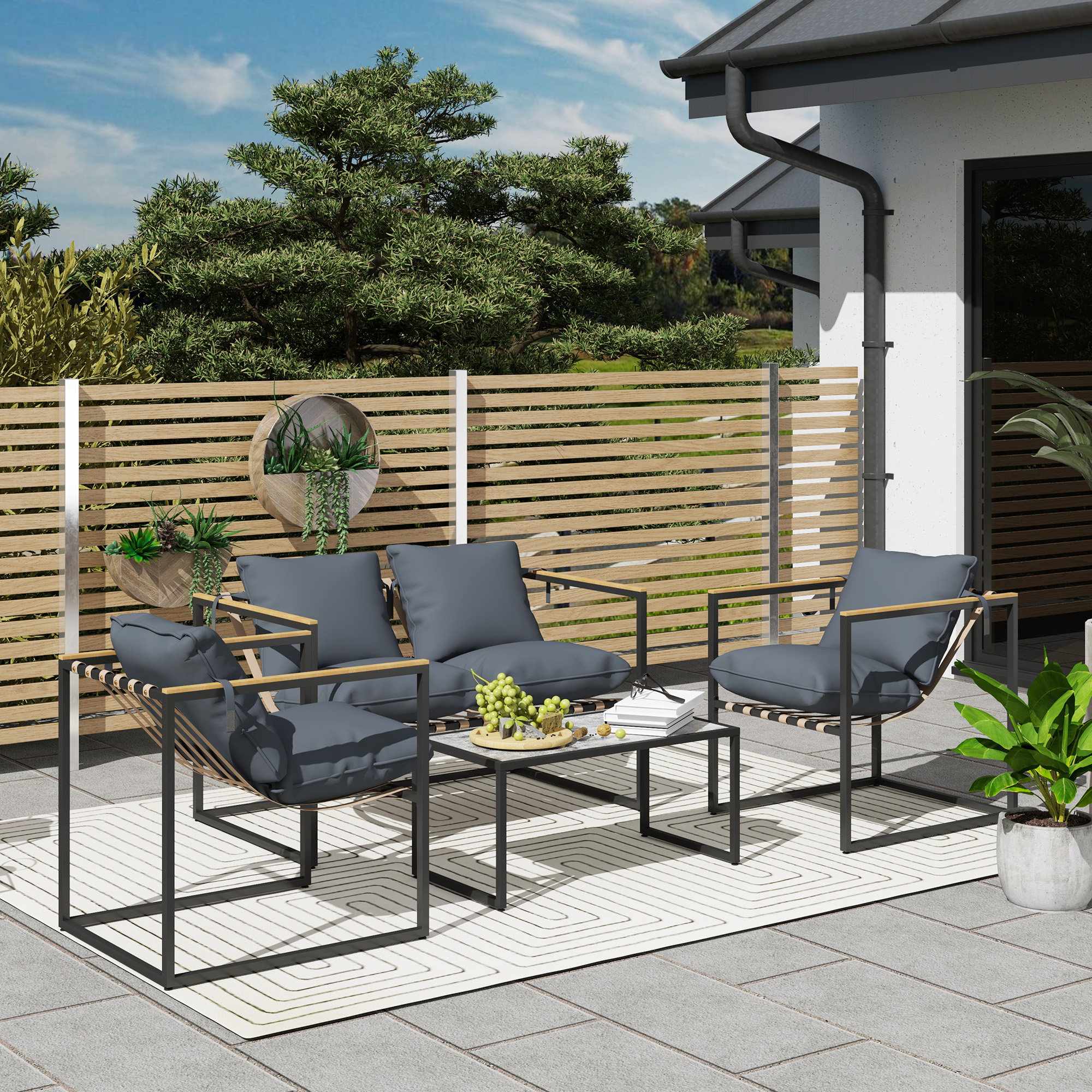 4-teiliges Gartenmöbelset, Outdoor-Möbel-Set, 2 Sessel, 2er Sofa, 1 Tisch, gepolstert, Stahl, Polyester, Grau