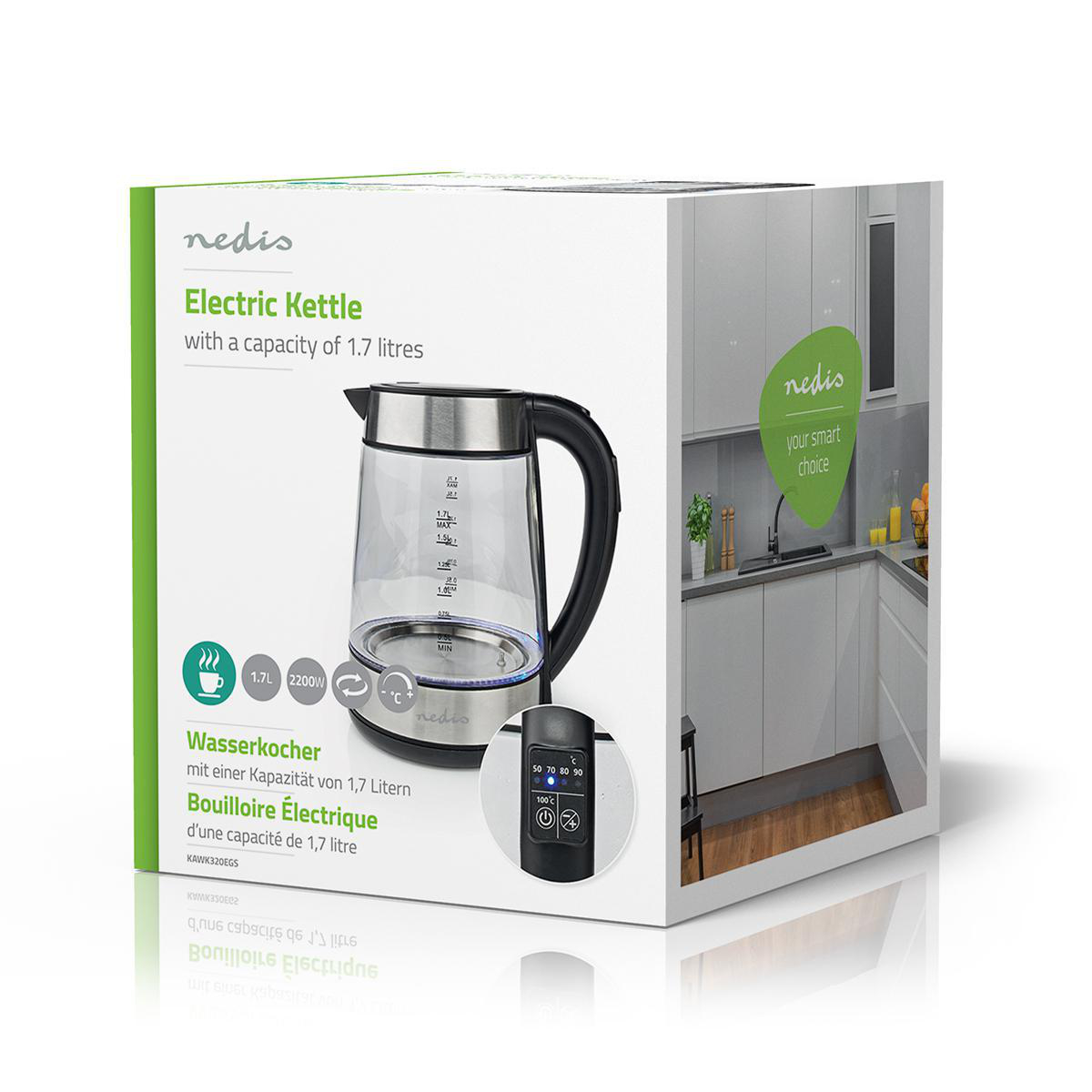 Wasserkocher | 1.7 l | Glas | Transparent | 60,70,80,90,100 °C | Temperaturanzeige | Um 360 Grad drehbar | Verdecktes Heizelement | Strix Controller | Boil-dry protection