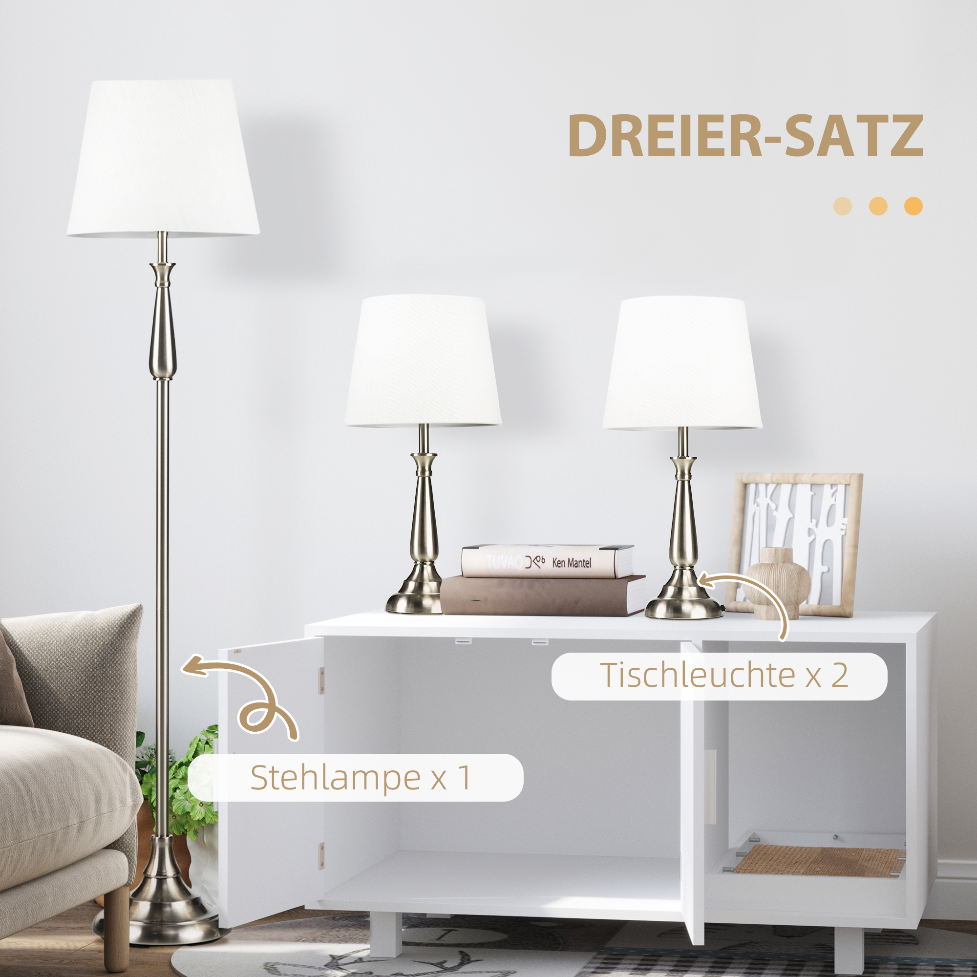 3-teiliges Lampenset im Vintage-Design, 2 Tischleuchten, 1 Stehleuchte, 35,5 cm x 35,5 cm x 146 cm, Silber + Weiß
