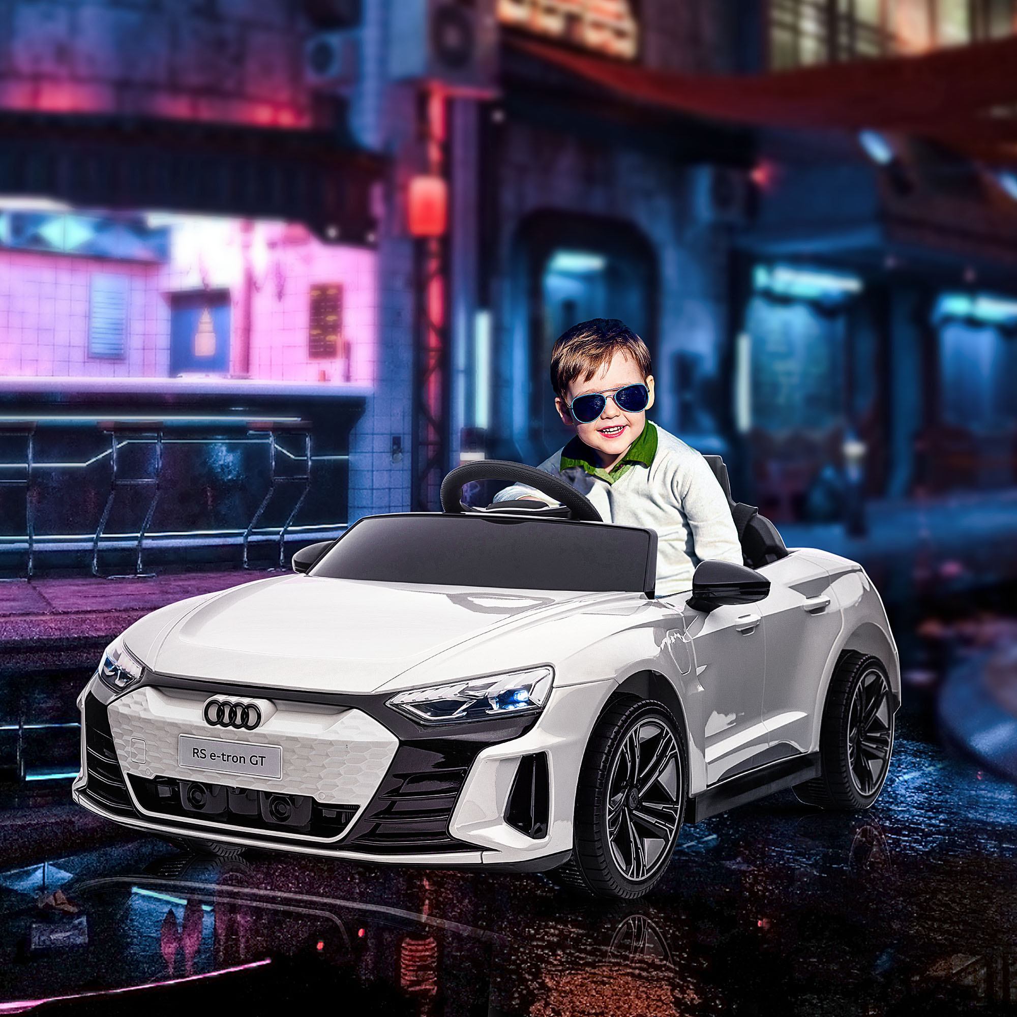 Kinderfahrzeug Audi RS e-tron GT mit Sicherheitsgurt, Fernbedienung, Scheinwerfern, Musikfunktion, weiß, 103 x 58 x 41cm