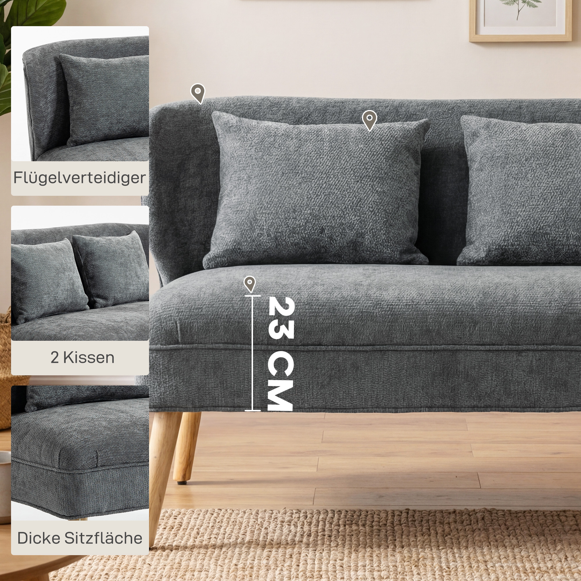2-Sitzer-Sofa, kleines Chenille-Sofa mit Flügelrücken, dickem Sitz, Gummibaumholzfüßen, Grau