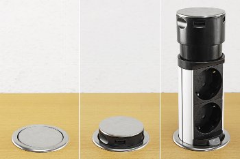 Schreibtisch-Einbausteckdose, rund Mini, versenkbar, Edelstahl, 3x Steckd,USB A+C