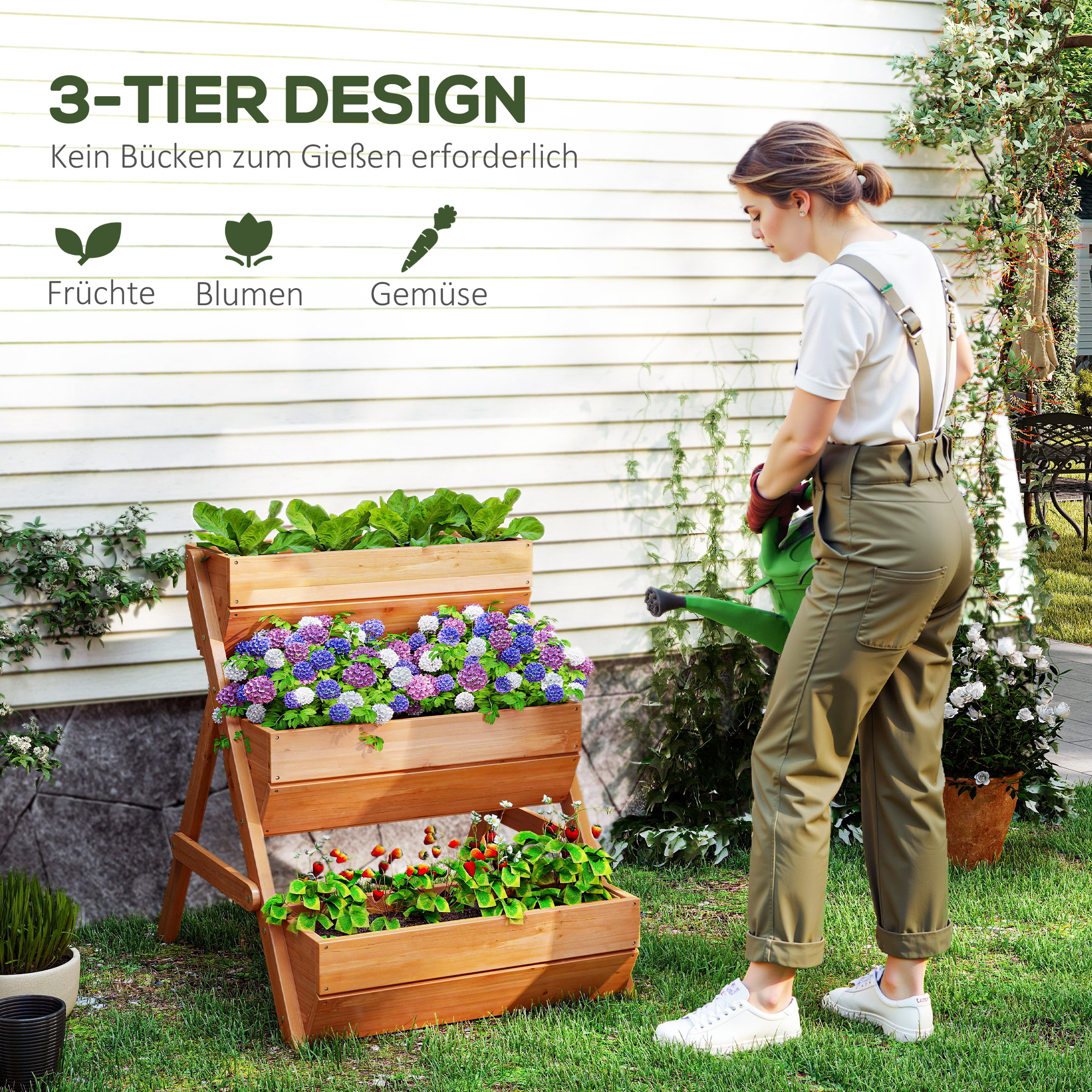 Vertikales Hochbeet mit 3 Etagen Vertikalbeet aus Holz Blumenkasten mit 3 Pflanzkästen Ablauflöchern Braun