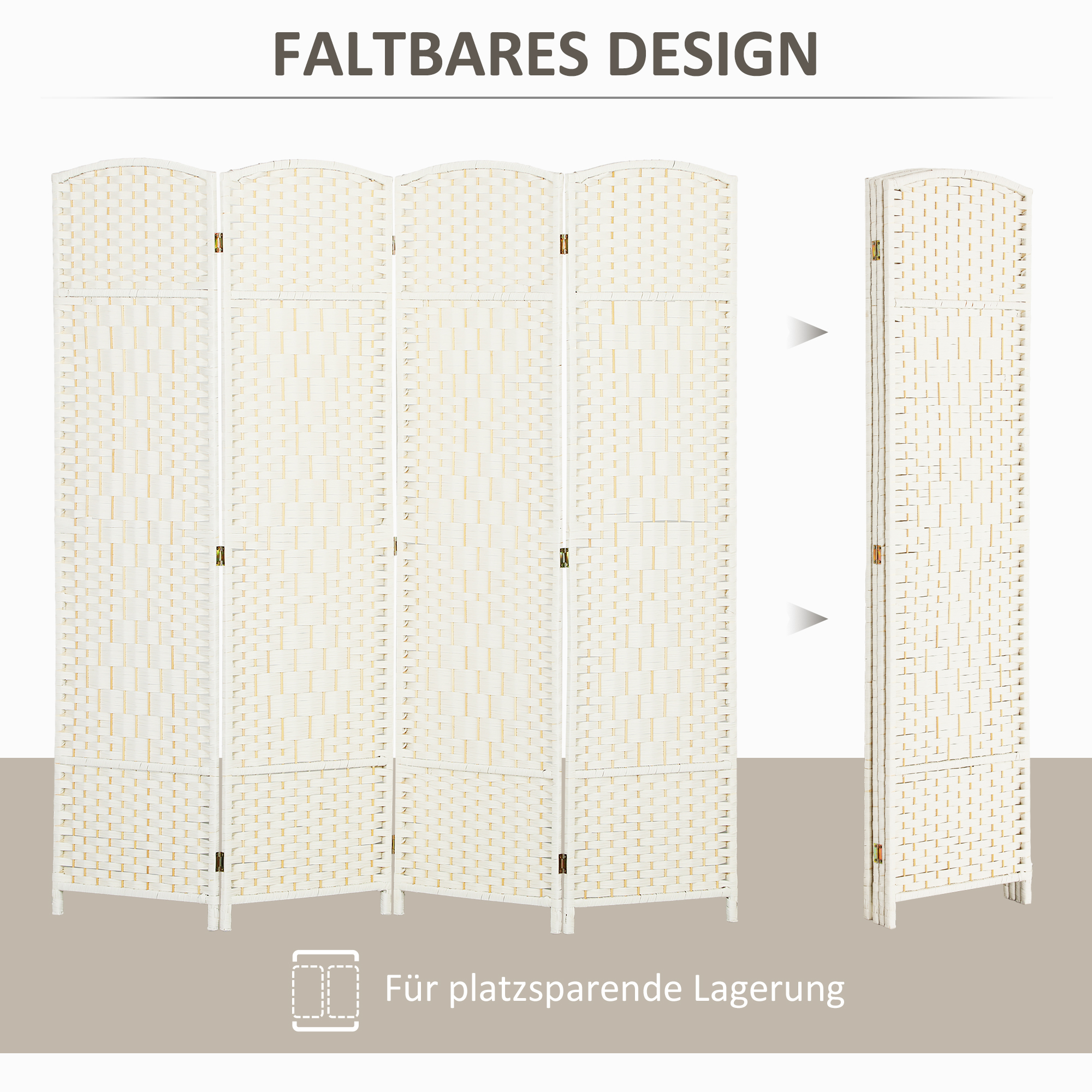 Raumteiler, 4-teilig faltbare Trennwand, Geflechtmuster, Kiefernholz, Weiß