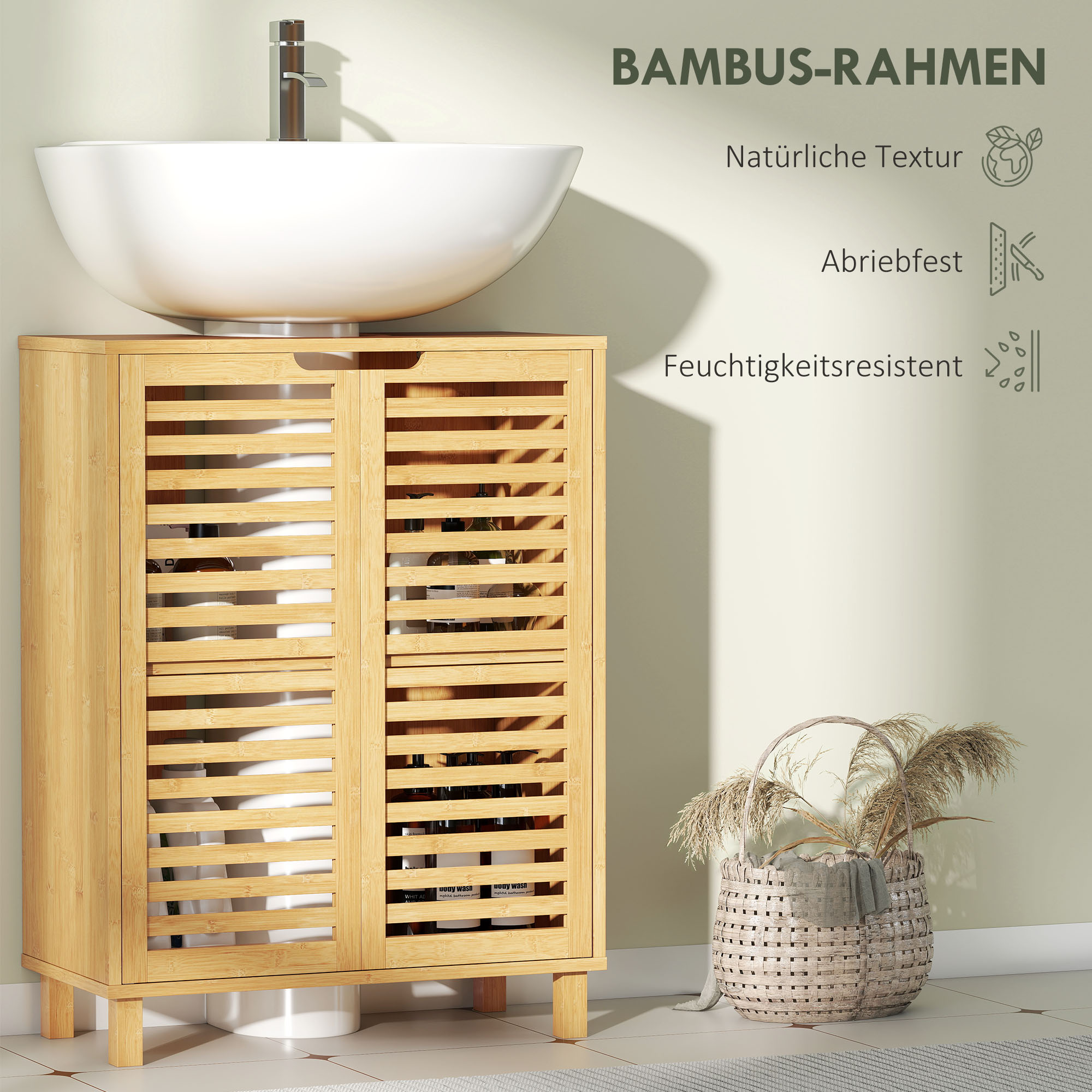 Waschbecken-Unterschrank für Badezimmer, Badschrank mit Lamellentüren, Bambusholz, verstellbare Regale, Natur