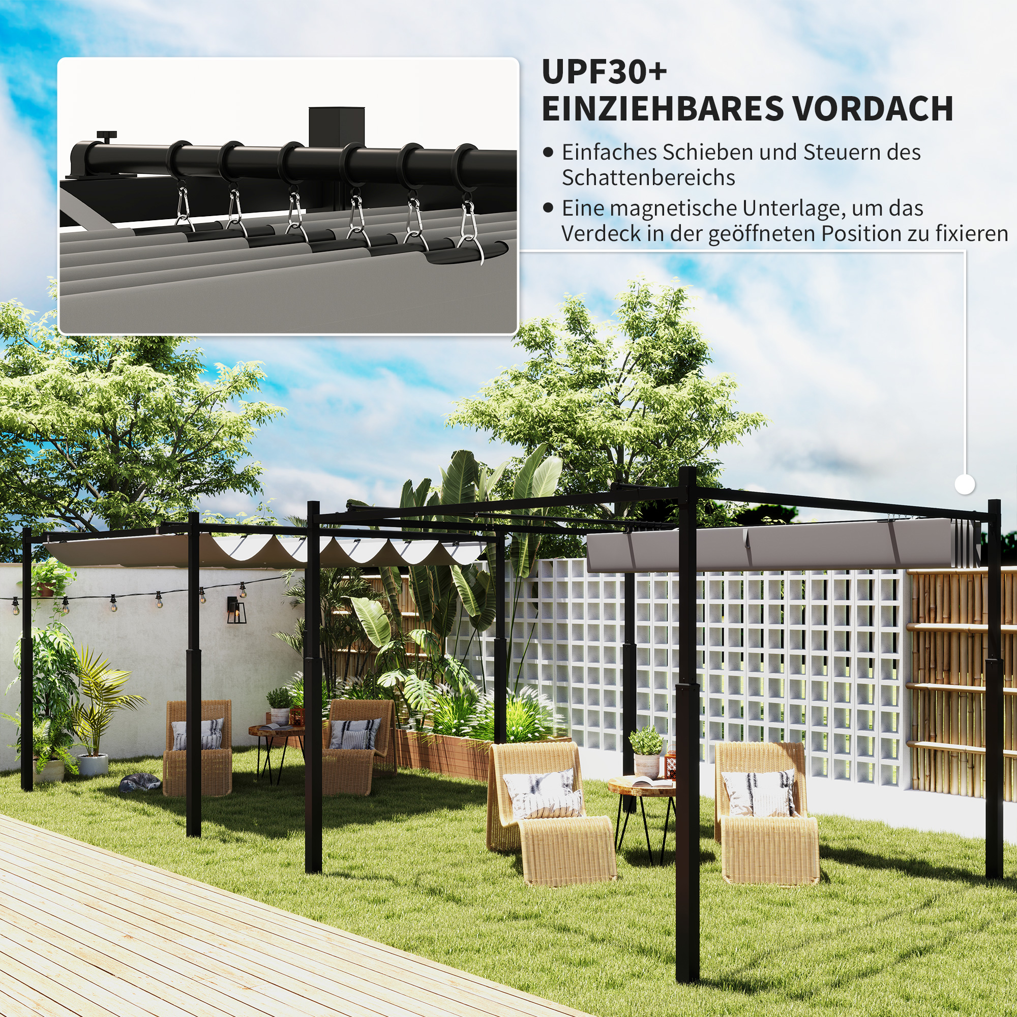 Pergola ca. 3x3 m Freistehend Terrassenüberdachung mit Schiebedach, magnetisches Pad, 8 cm Säule UV-beständig