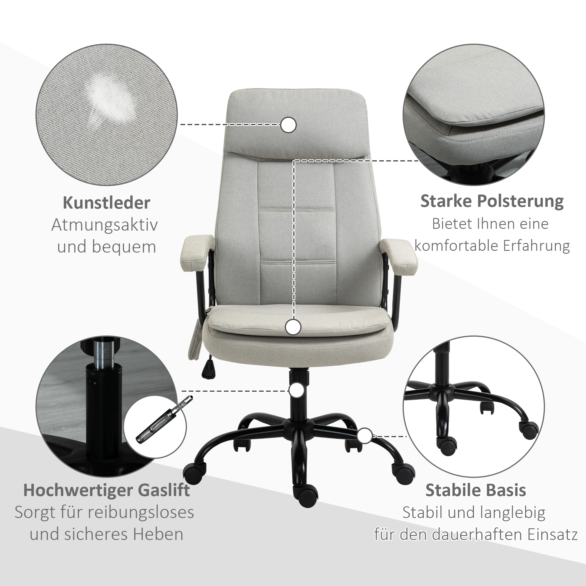 Bürostuhl Massage höhenverstellbarer Chefsessel Gamingstuhl mit Massagefunktion, ergonomischer Drehstuhl Massage Sessel Lendenwirbelsäulenmassage Leinen-Gefühl Beige 63 x 70 x 112-121 cm