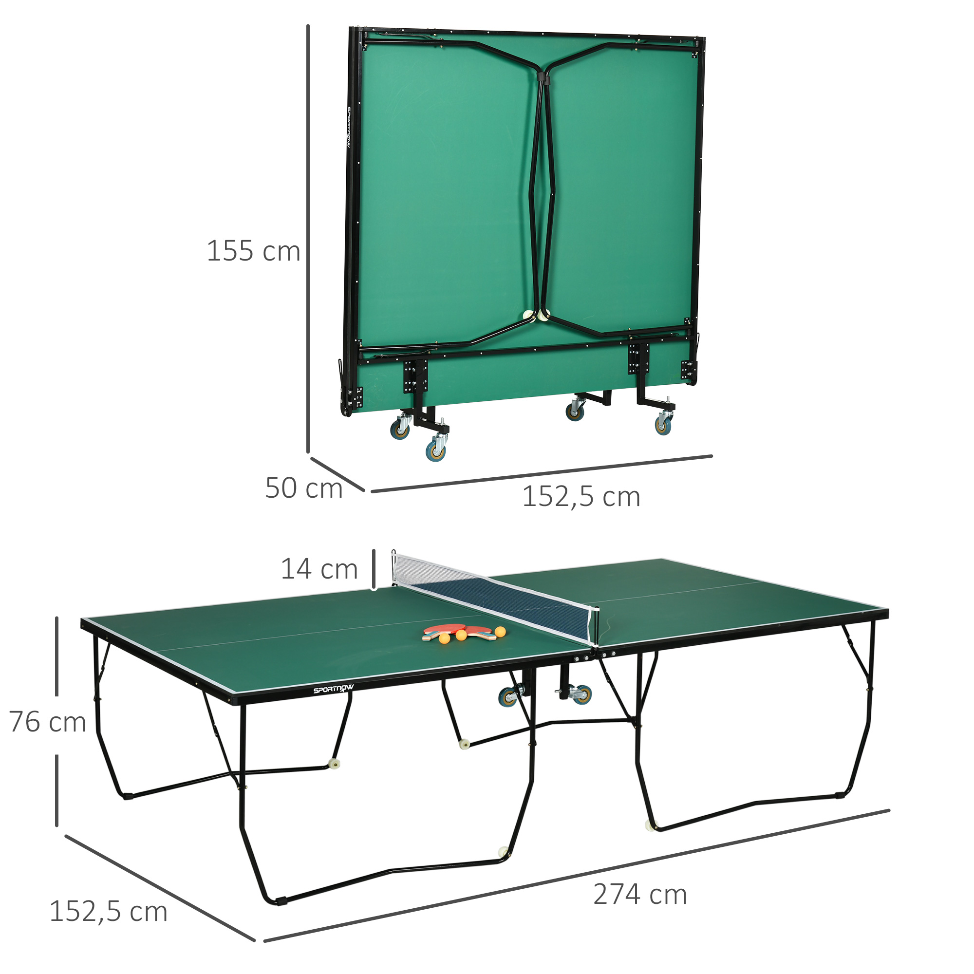 Tischtennisplatte Tischtennis-Set, klappbar, 8 Rollen, inkl. Schläger u. Bälle, 274 cm x 152.5 cm x 76 cm, Grün