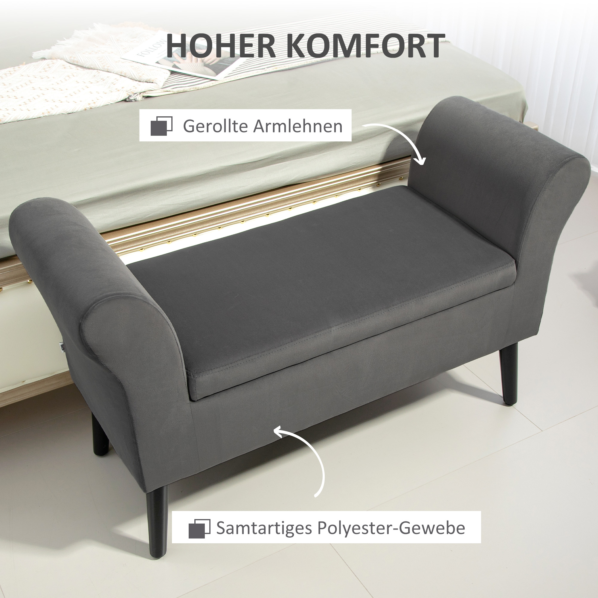 Polsterbank mit Stauraum, Truhenbank mit Armlehnen, 46 cm Sitzhöhe, samtartiges Polyester, 111,5 x 41 x 65 cm, Dunkelgrau