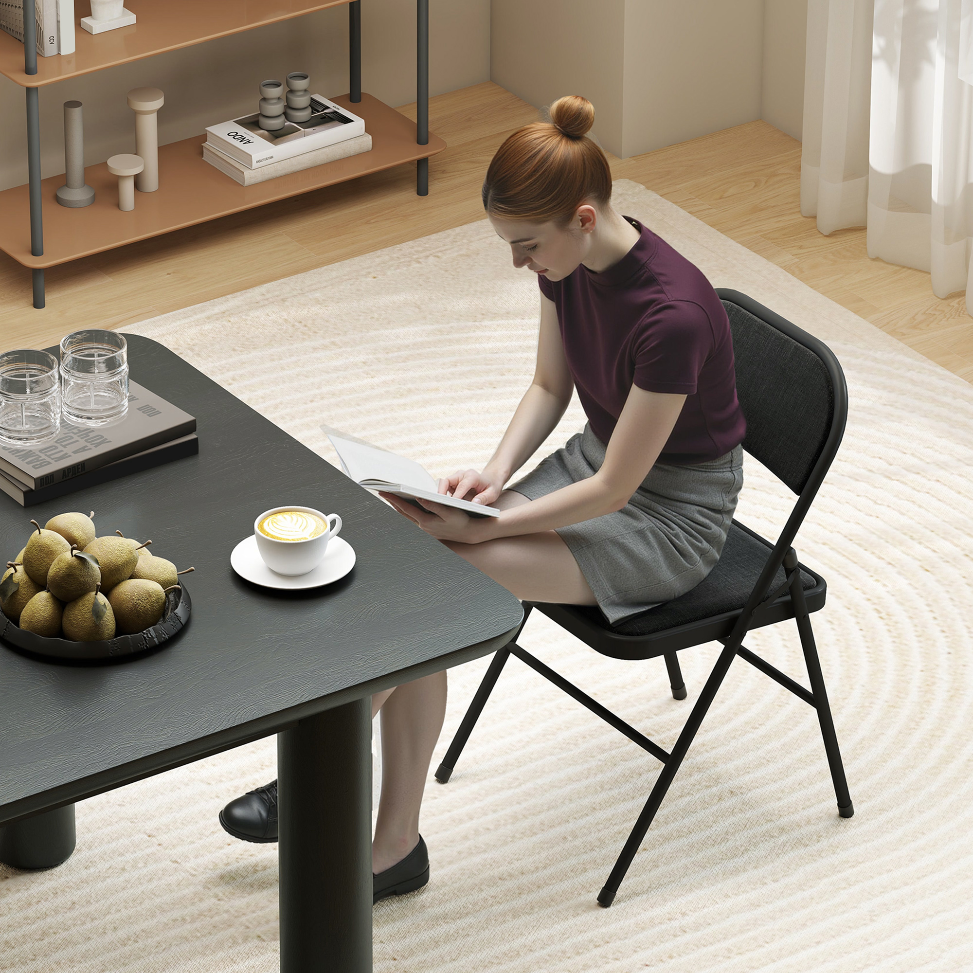 2er-Set Klappstühle, Tragbare Bürostühle, Metallbeine, Faltstuhl für Büro, Empfang, Wartezimmer, Leinenoptik, Schwarz