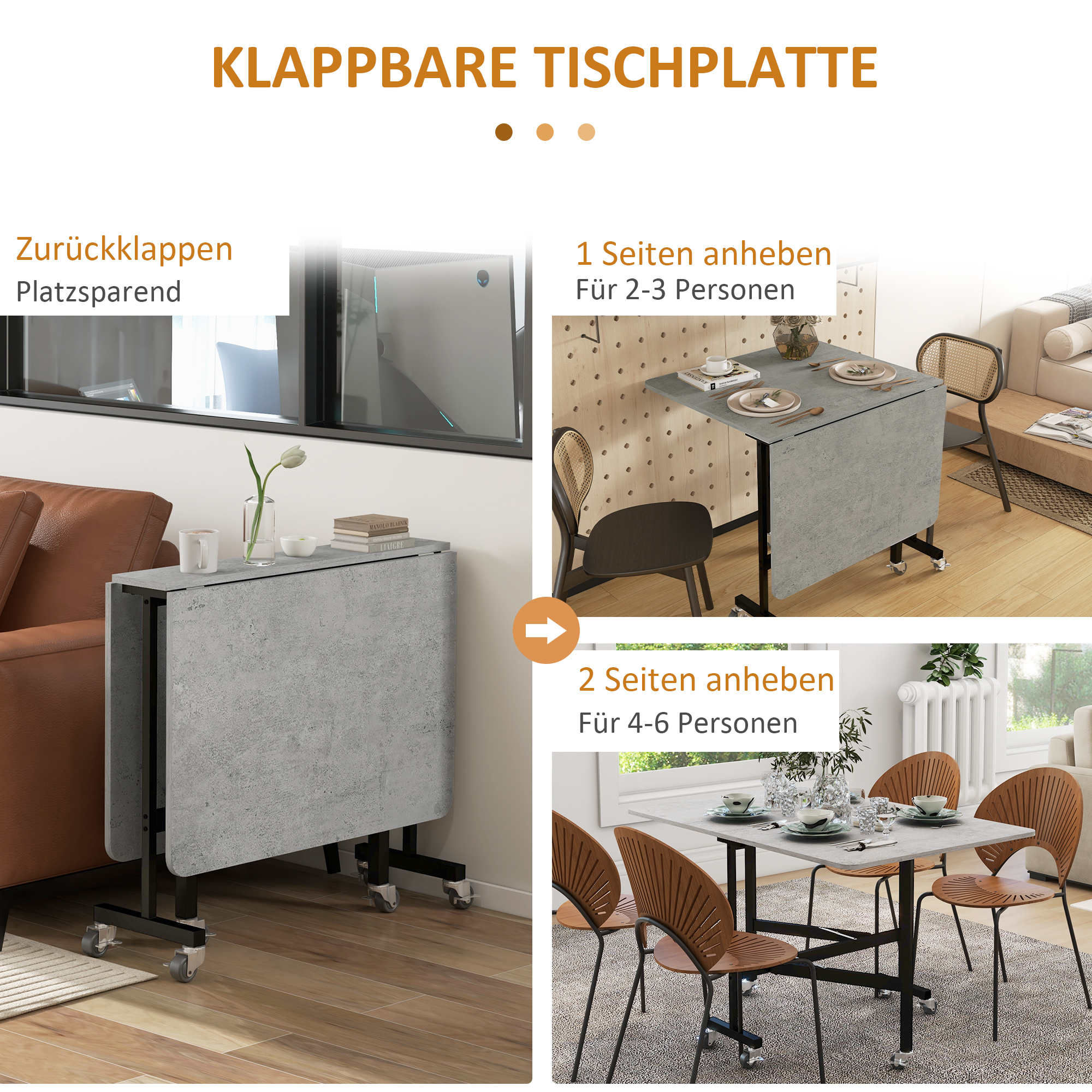 Esstisch für 4-6 Personen, Klapptisch mit Rollen, Stahlgestell, 52,5-120 x 80 x 73 cm, Grau