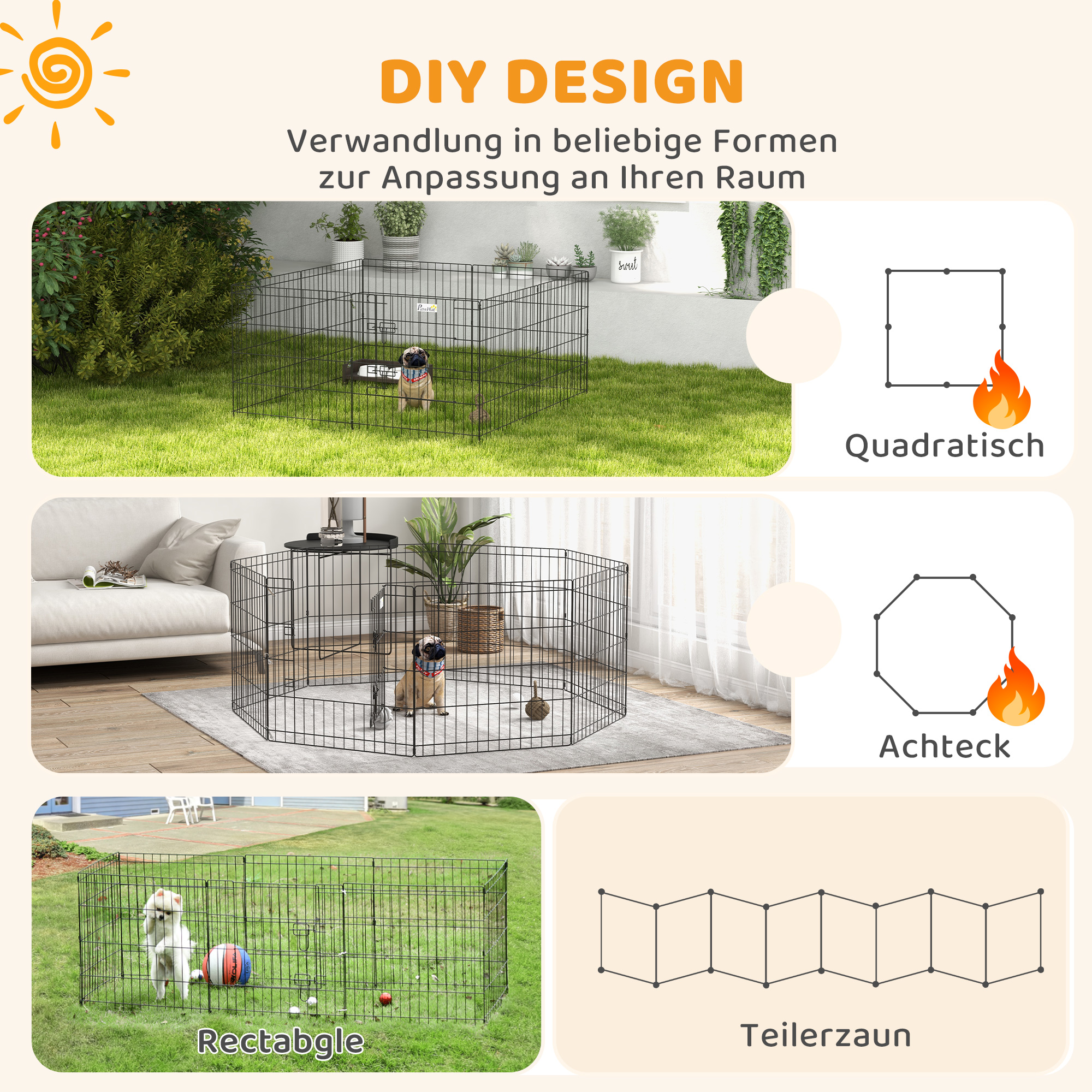 Haustierlaufstall, Spielgehege für Welpen und kleine Hunde, mit Tür, Indoor- und Outdoor-tauglich, 61 cm, Schwarz