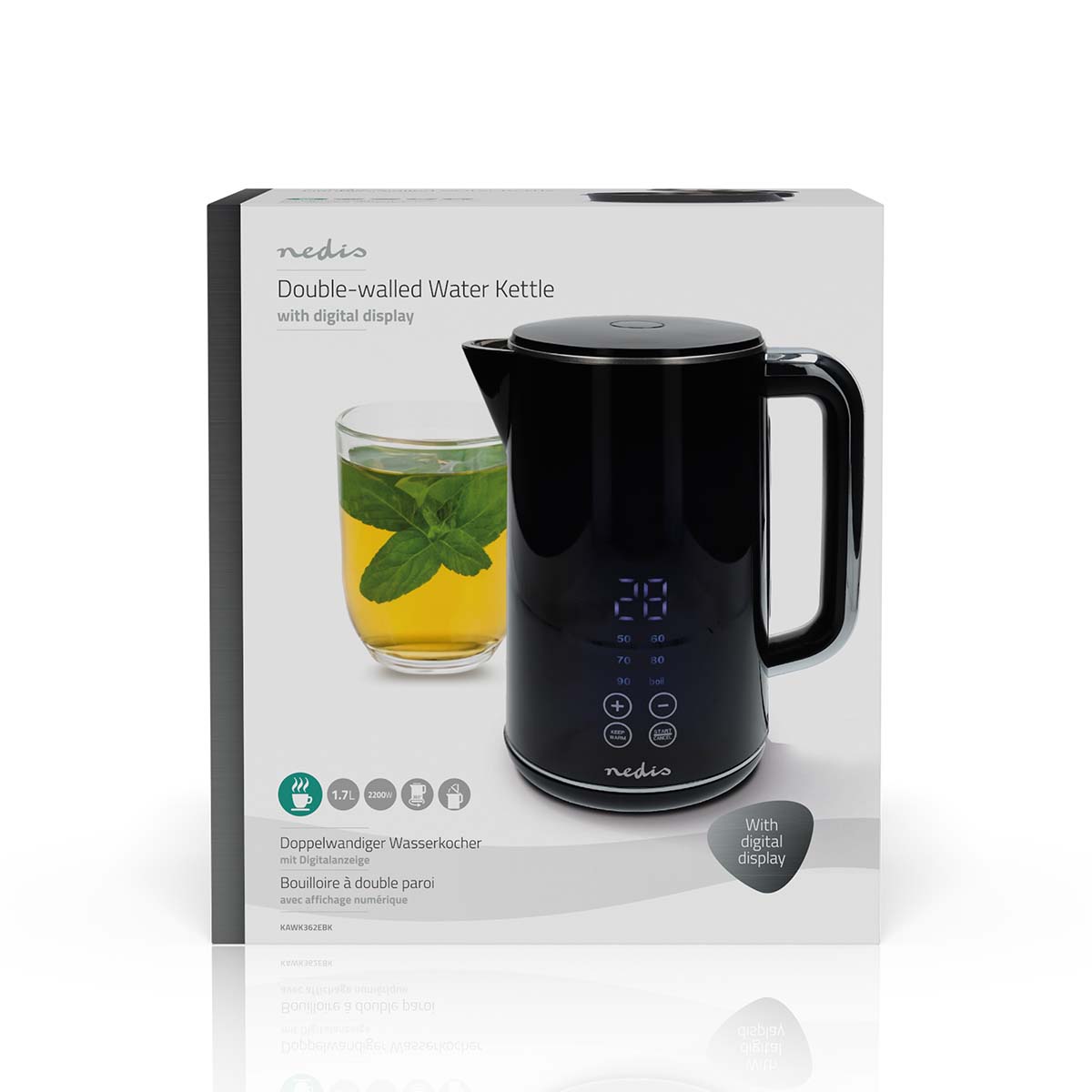 Wasserkocher | 1.7 l | Plastik | schwarz | 50,60,70,80,90,100 °C | Temperaturanzeige | Um 360 Grad drehbar | Verdecktes Heizelement | Strix Controller | Boil-dry protection