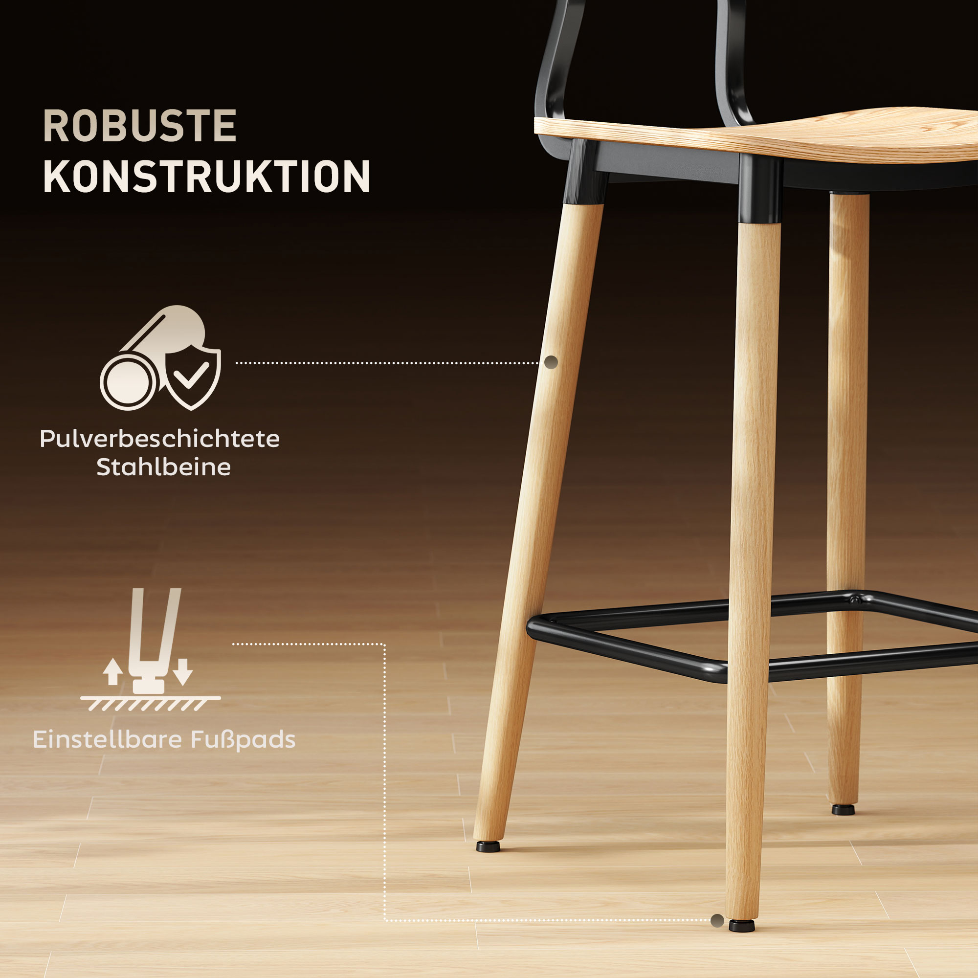 2er-Set Barhocker mit Rückenlehne, Barstühle für Hausbar, Kücheninsel, Esszimmer, Holz, Metall, Hellbraun
