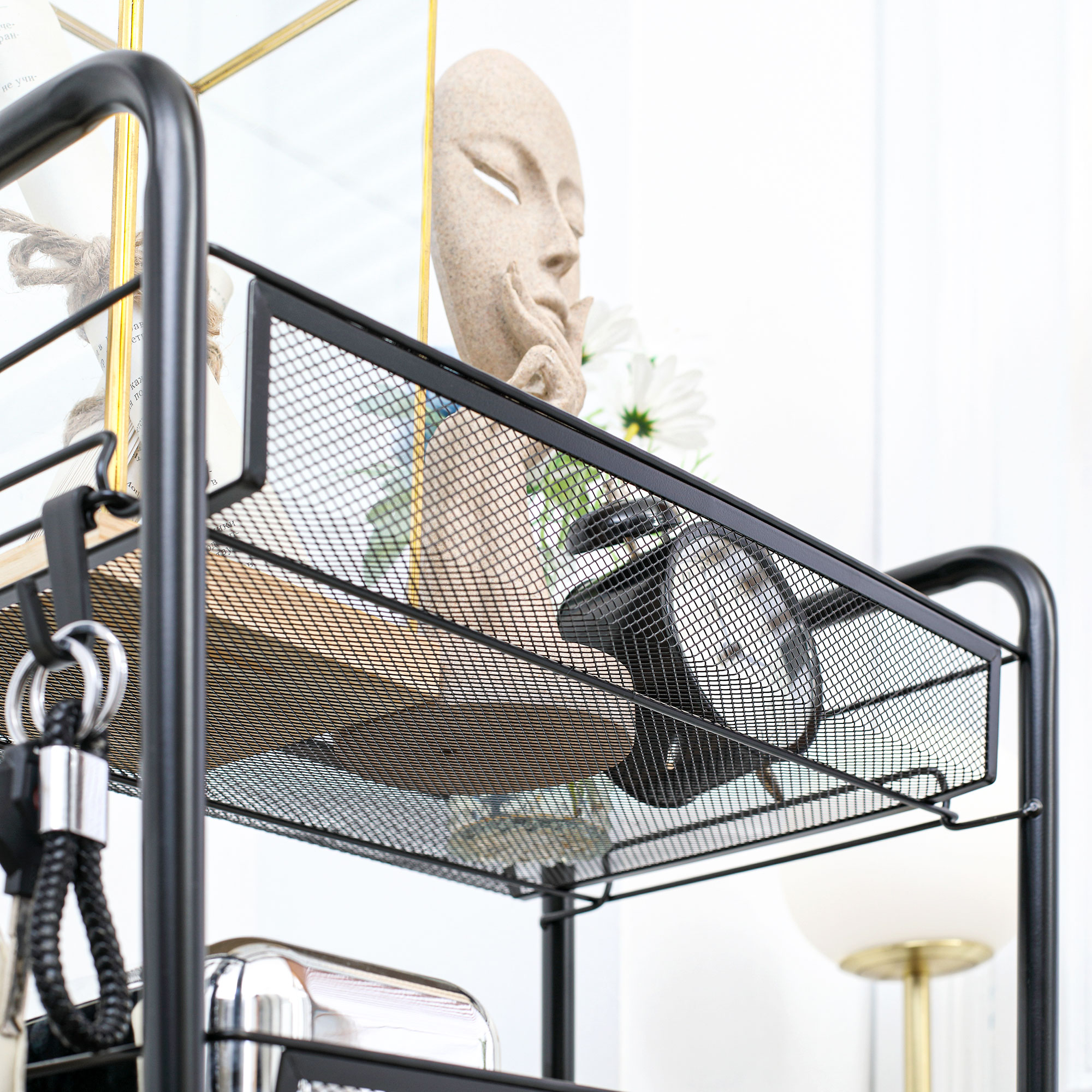 Rollwagen mit 4 Hängekörben, Servierwagen auf Rollen, fahrbar, abnehmbare Haken, Stahl, 45 x 26,5 x 84 cm, Schwarz