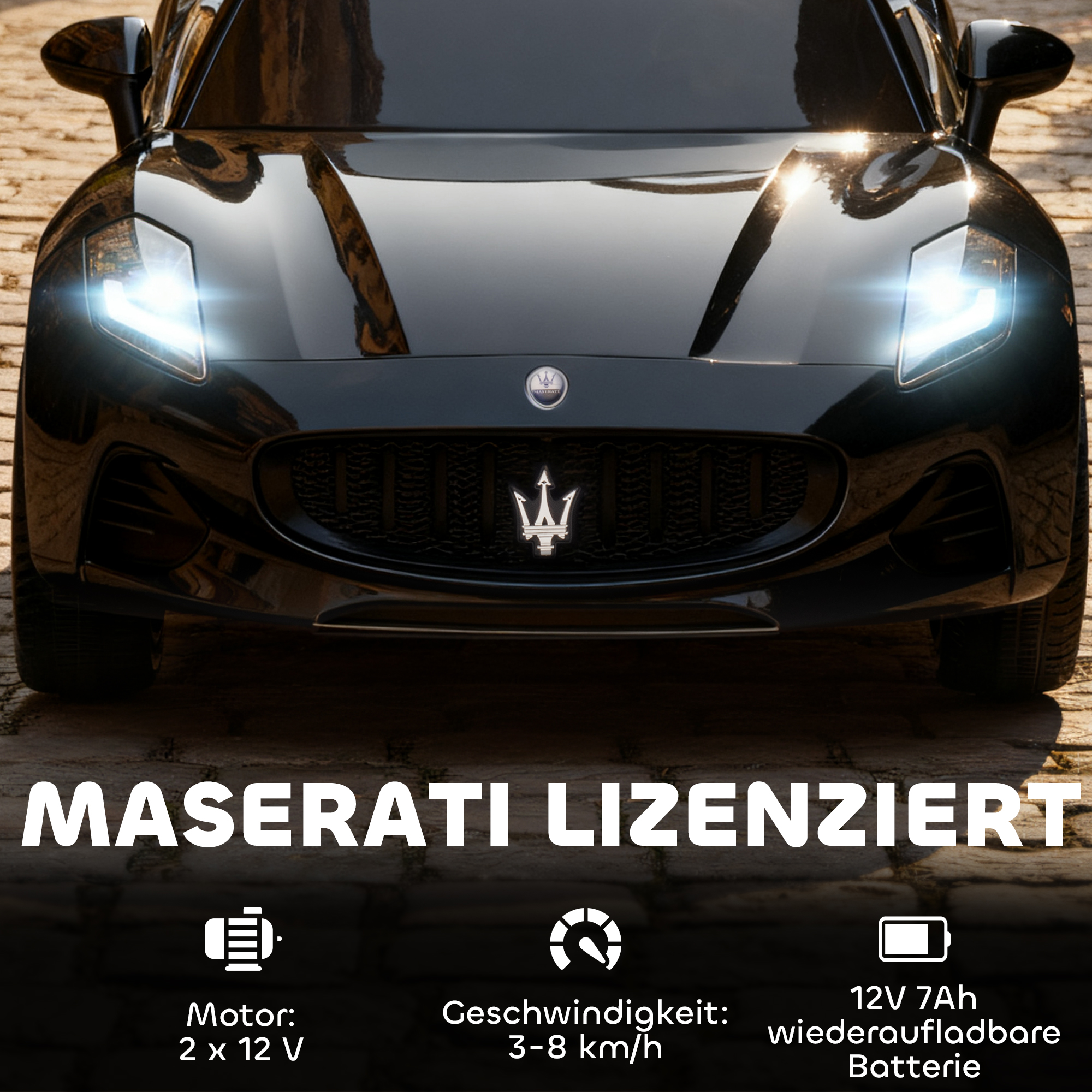 Maserati Elektroauto für Kinder, 2-Sitzer, 12V Batteriebetrieb, Fernbedienung, LED-Lichter, Musikfunktion, Schwarz