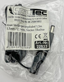 Verlängerungskabel für Netzteile 1,5m, 5,5mm / 2,1mm, Stecker / Buchse