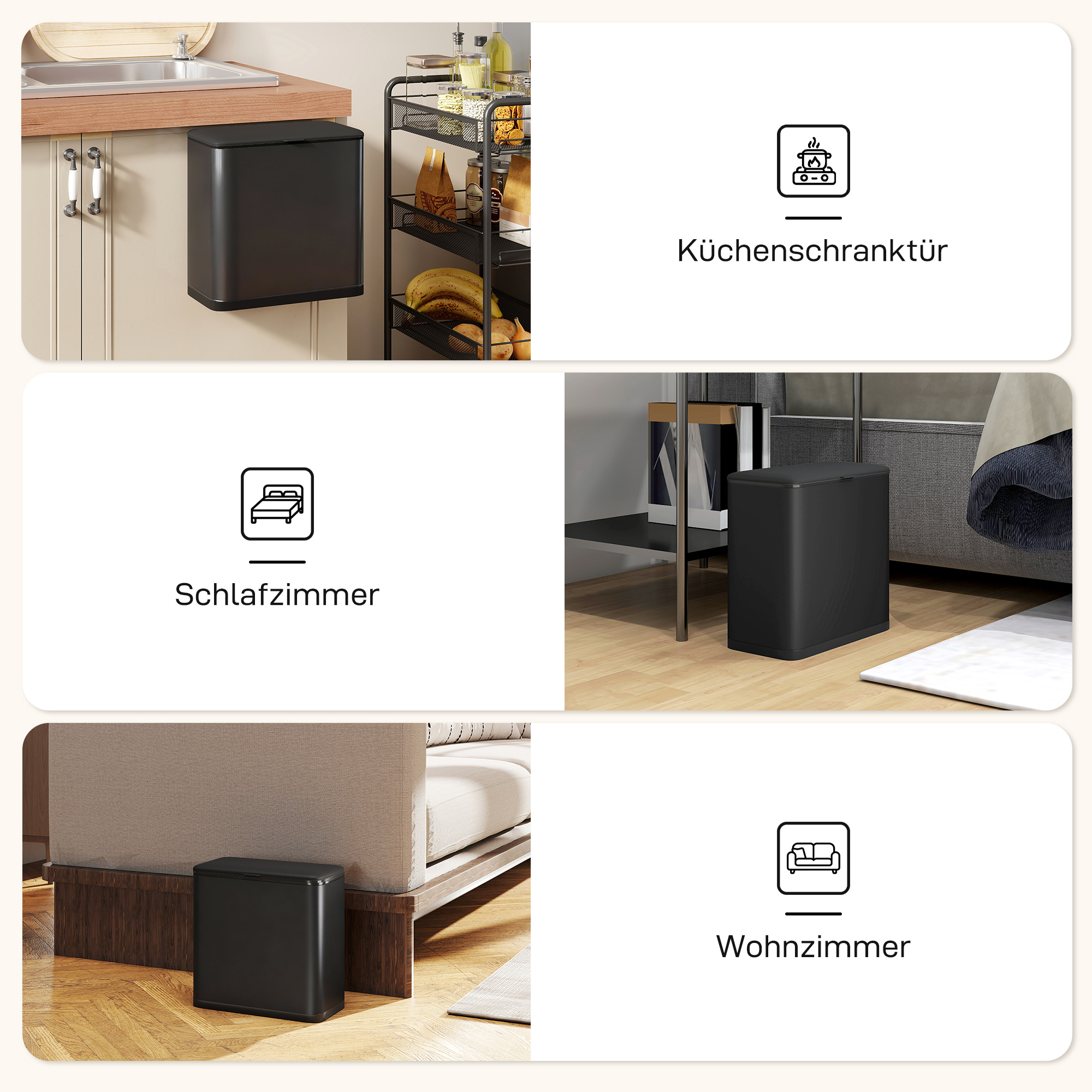 8 L Mülleimer, freistehend oder hängend platzierbar, Edelstahl, Schwarz