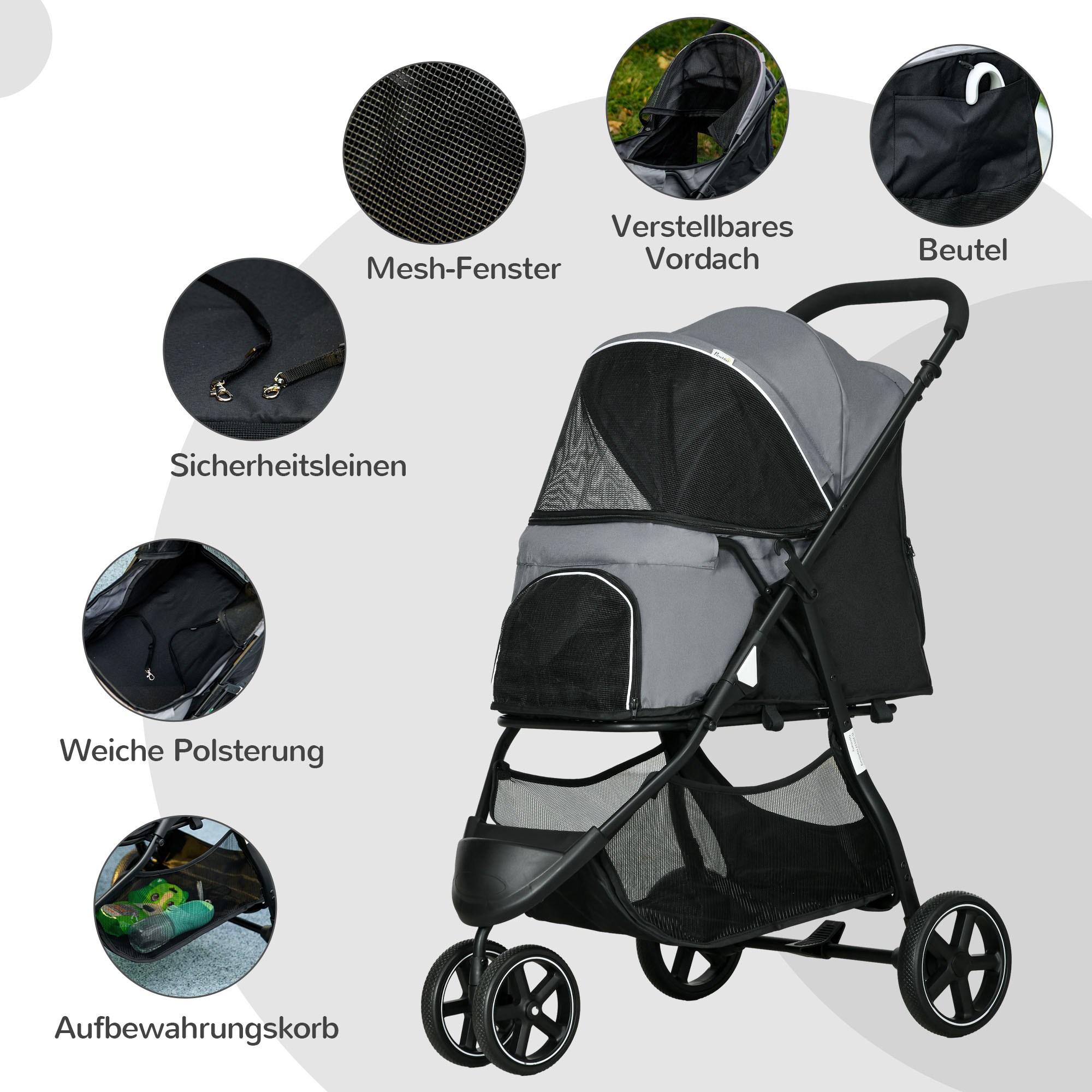 Hundebuggy Haustierwagen bis 10kg klappbar Regenschutz 2 Sicherheitsleinen 83cm x 55cm x 101cm Grau + Schwarz