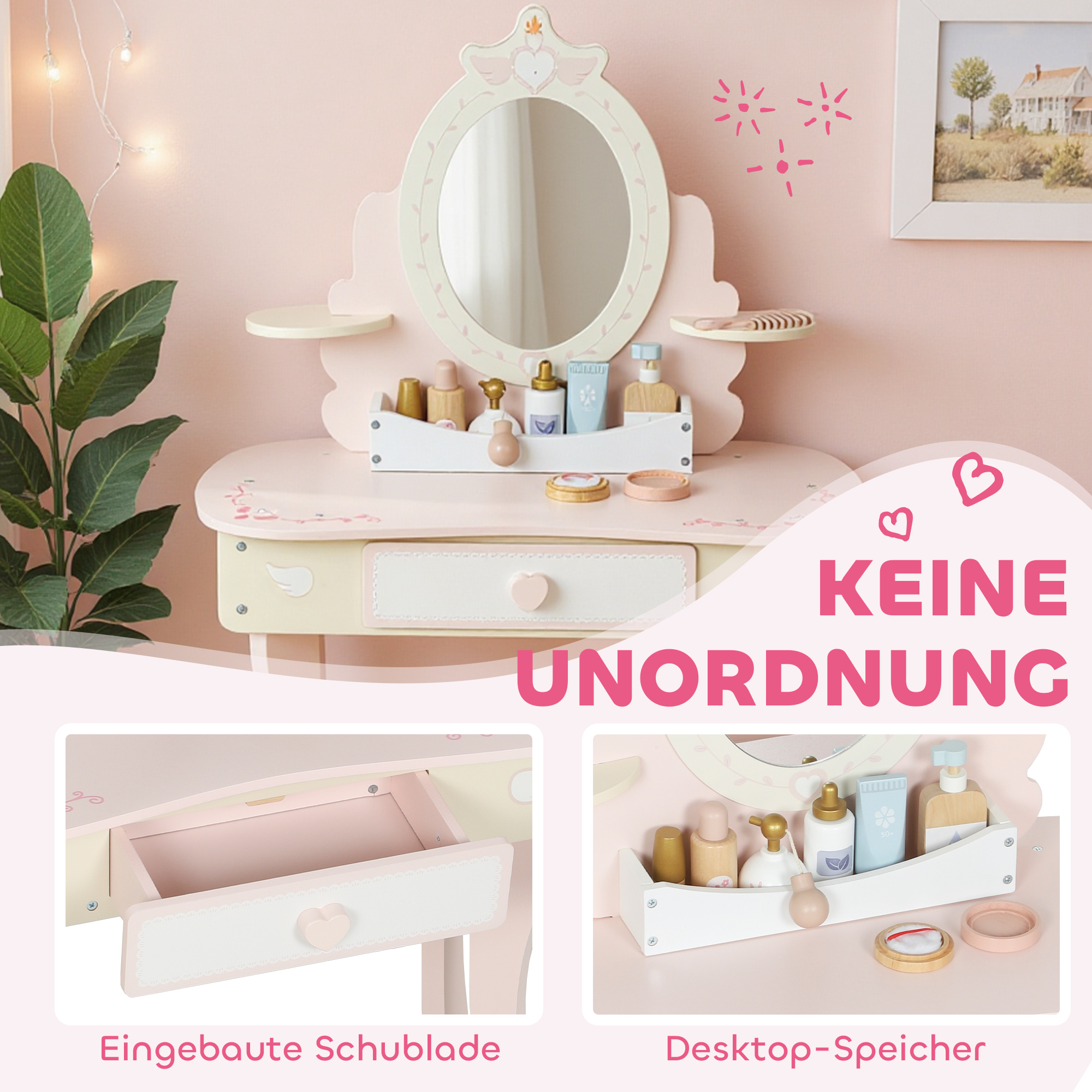 Kinderschminktisch, Stuhl, Schublade, abnehmbarer Spiegel, Kinderschreibtisch mit 7 Zubehörteilen, 2-in-1 Design, MDF, Rosa