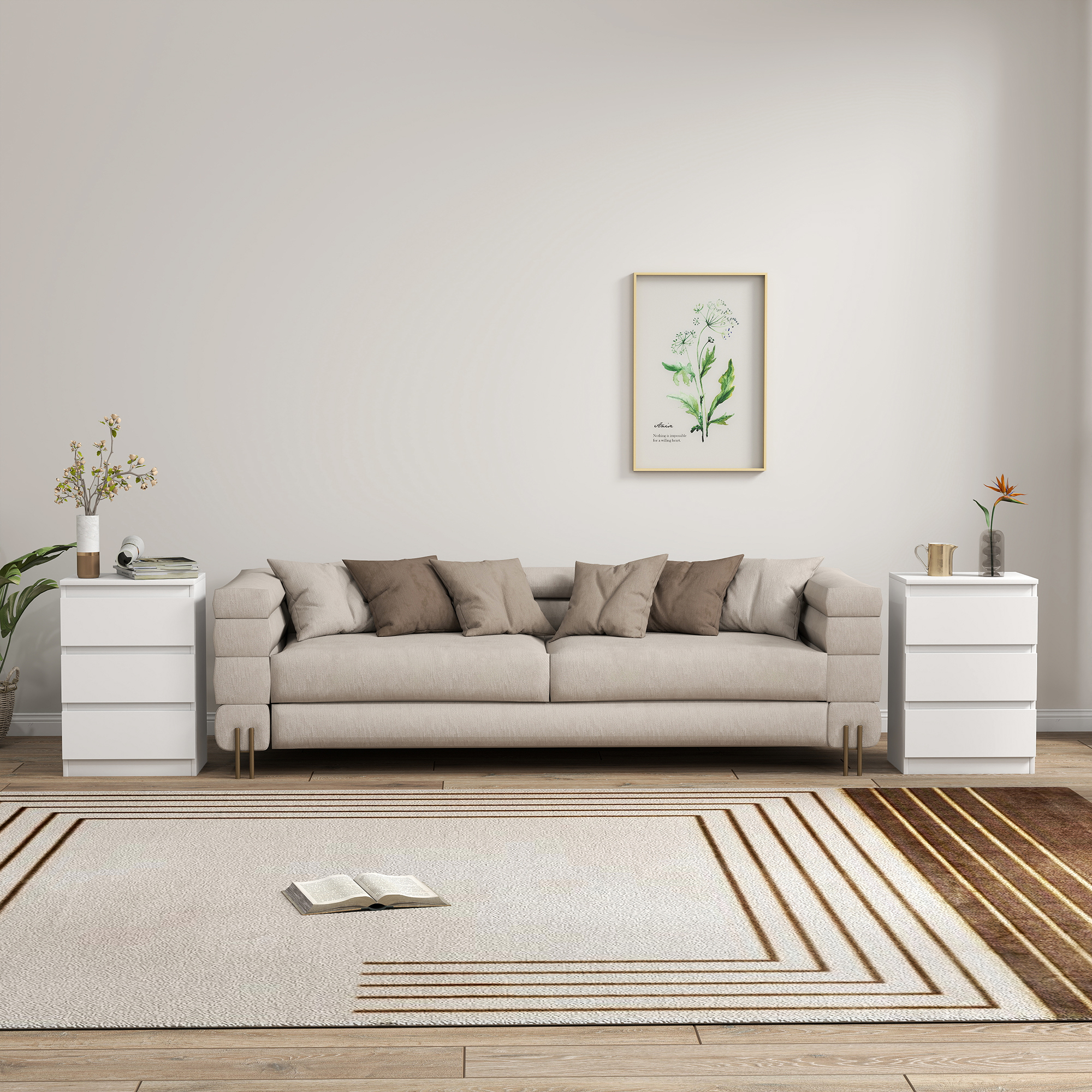 Nachttisch, 2er Set Beistelltisch mit 3 Schubladen, Nachtschrank, Nachtkommode für Schlafzimmer, Wohnzimmer, 40 x 30 x 59,5 cm, Weiß