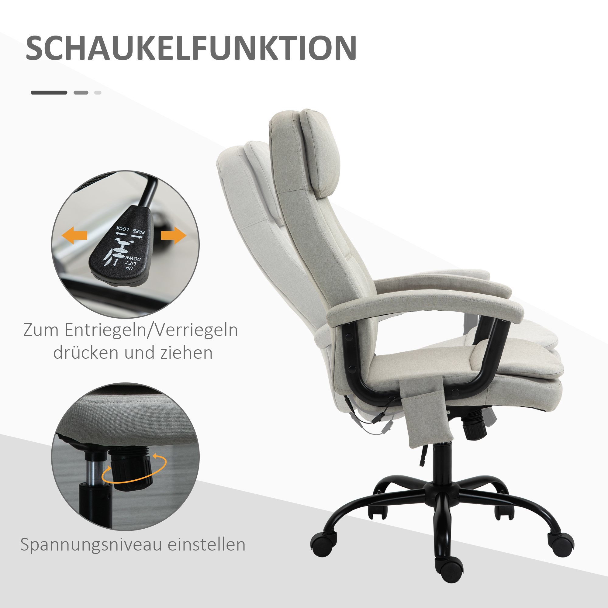 Bürostuhl Massage höhenverstellbarer Chefsessel Gamingstuhl mit Massagefunktion, ergonomischer Drehstuhl Massage Sessel Lendenwirbelsäulenmassage Leinen-Gefühl Beige 63 x 70 x 112-121 cm