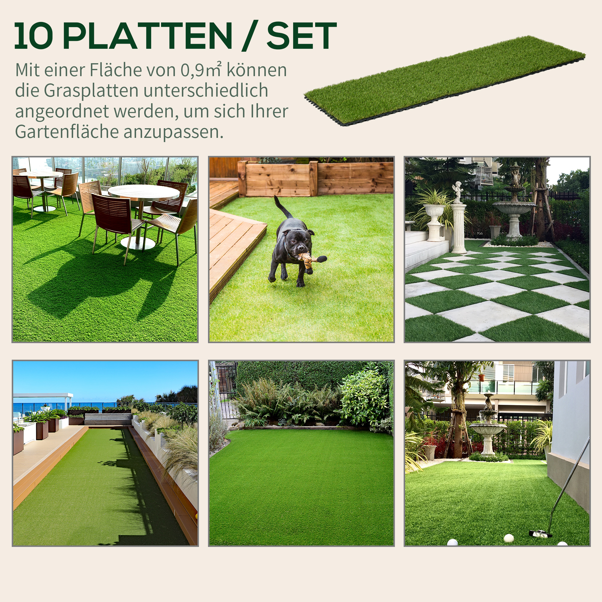 Kunstrasen, naturgetreu, Drainagefunktion, 6,5 K Fasern/m², 25mm Höhe, 10-er Set je 30x30cm, Grün