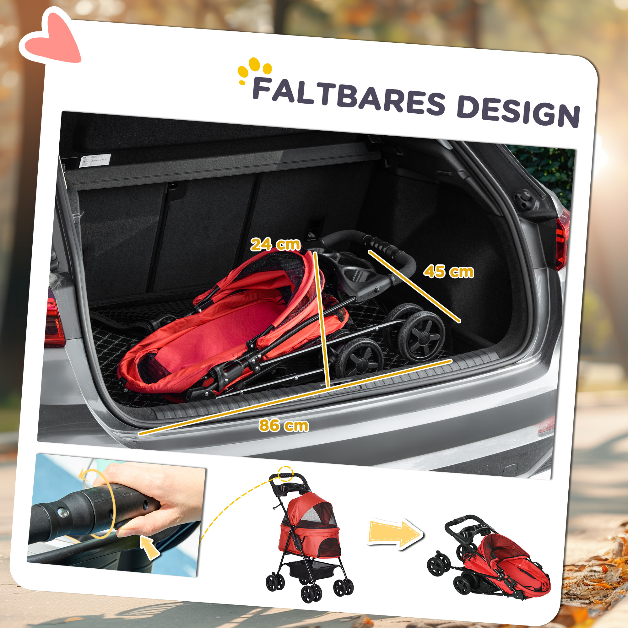 Hundebuggy Hundewagen bis 4 kg Klappbar Netzfenster Bodenkorb Becherhalter abnehmbares Dach rot 67 x 45 x 96 cm