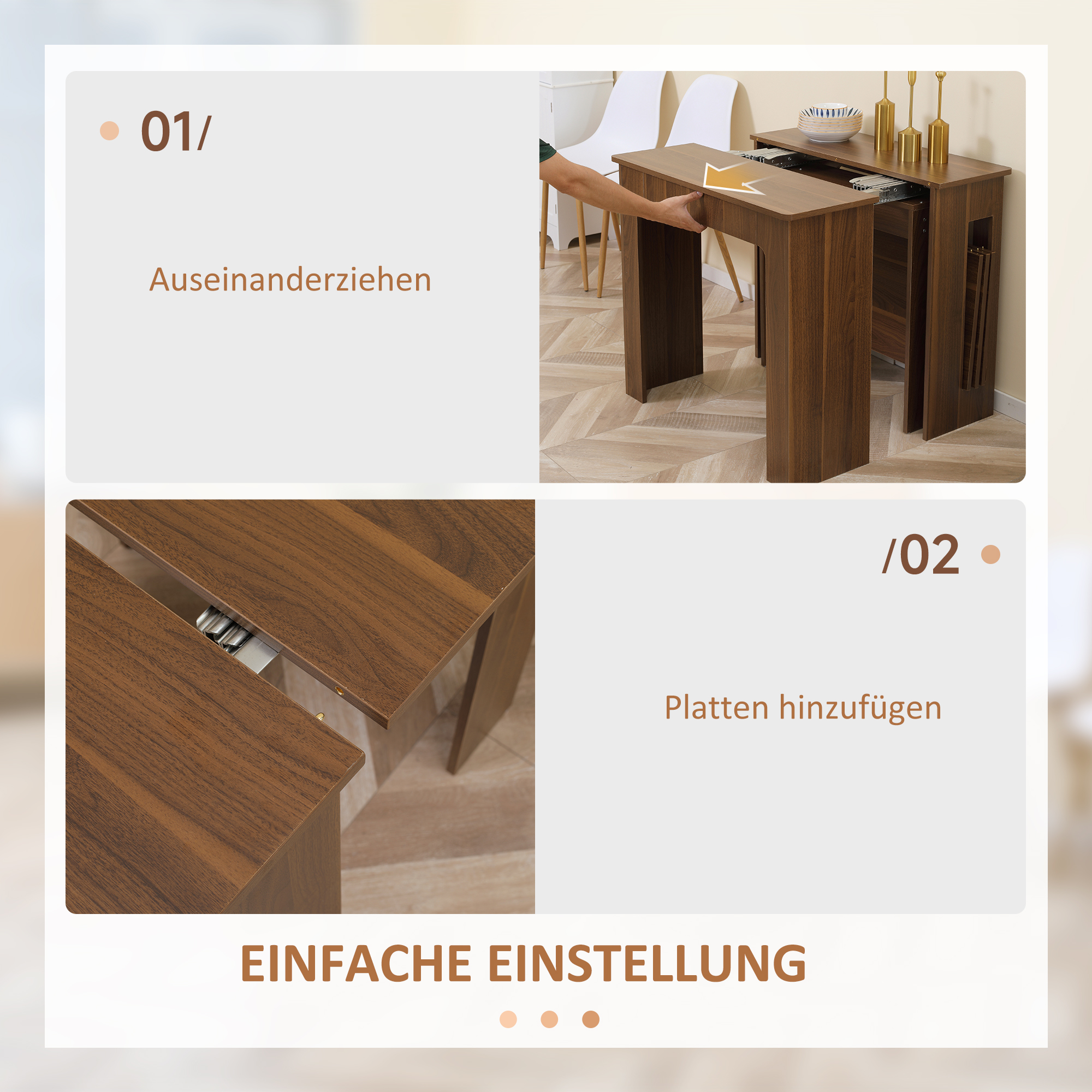 Ausklappbarer Esstisch Ausziehbarer Esstisch  Esstisch, mobil, modernes Design, 180cm x 85cm x 75cm, Braun