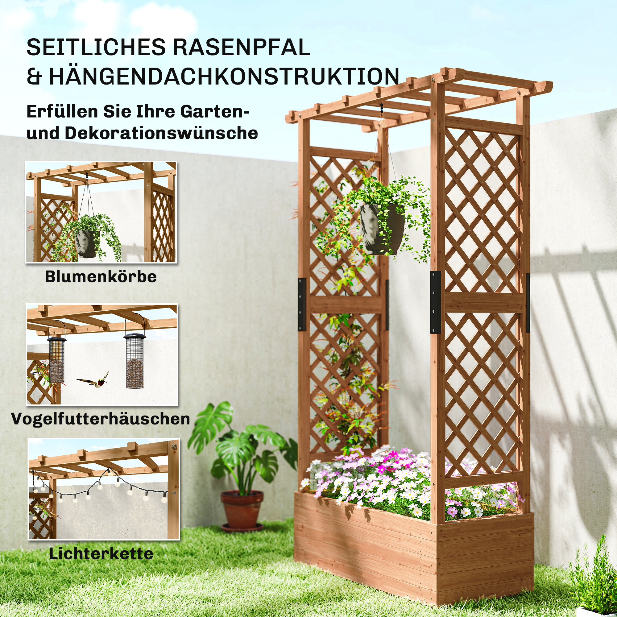 Hochbeet mit Rankengitter und Dach, für Blumen, Obst, Gemüse, Kräuter, 110 x 44 x 181 cm, Holz, Orange