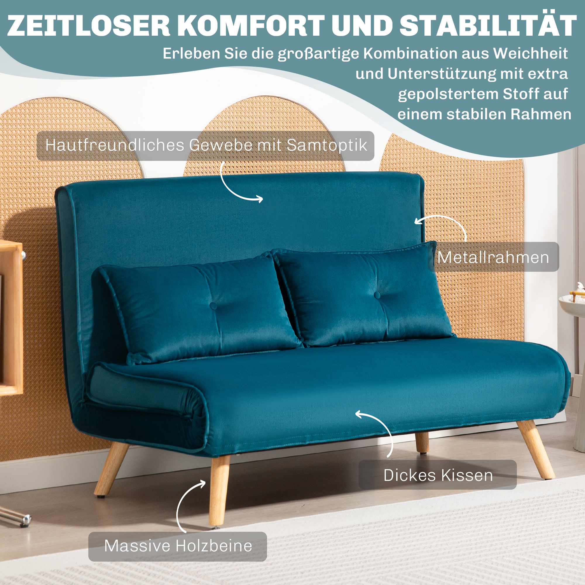 2-Sitzer-Schlafsofa, Bettsofa, in Bett umwandelbare Couch, verstellbare Rückenlehne, Stoffbezug, Metallrahmen, Grün