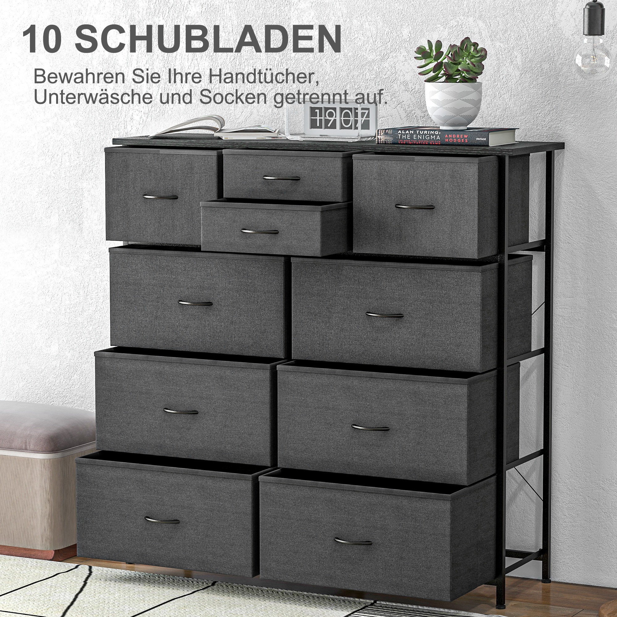 Kommode, Sideboard mit Stoffschubladen, 10 Fächer, Metallrahmen, 100x30x100cm, Schwarz