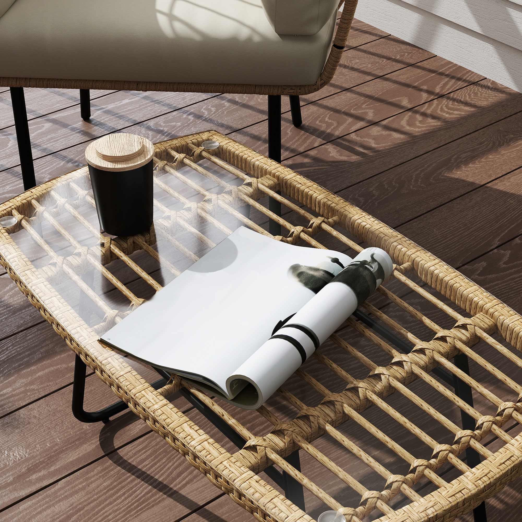 Polyrattan Gartentisch, 90 x 50 x 45 cm, UV-beständig Beistelltisch mit Glasplatte Naturholz