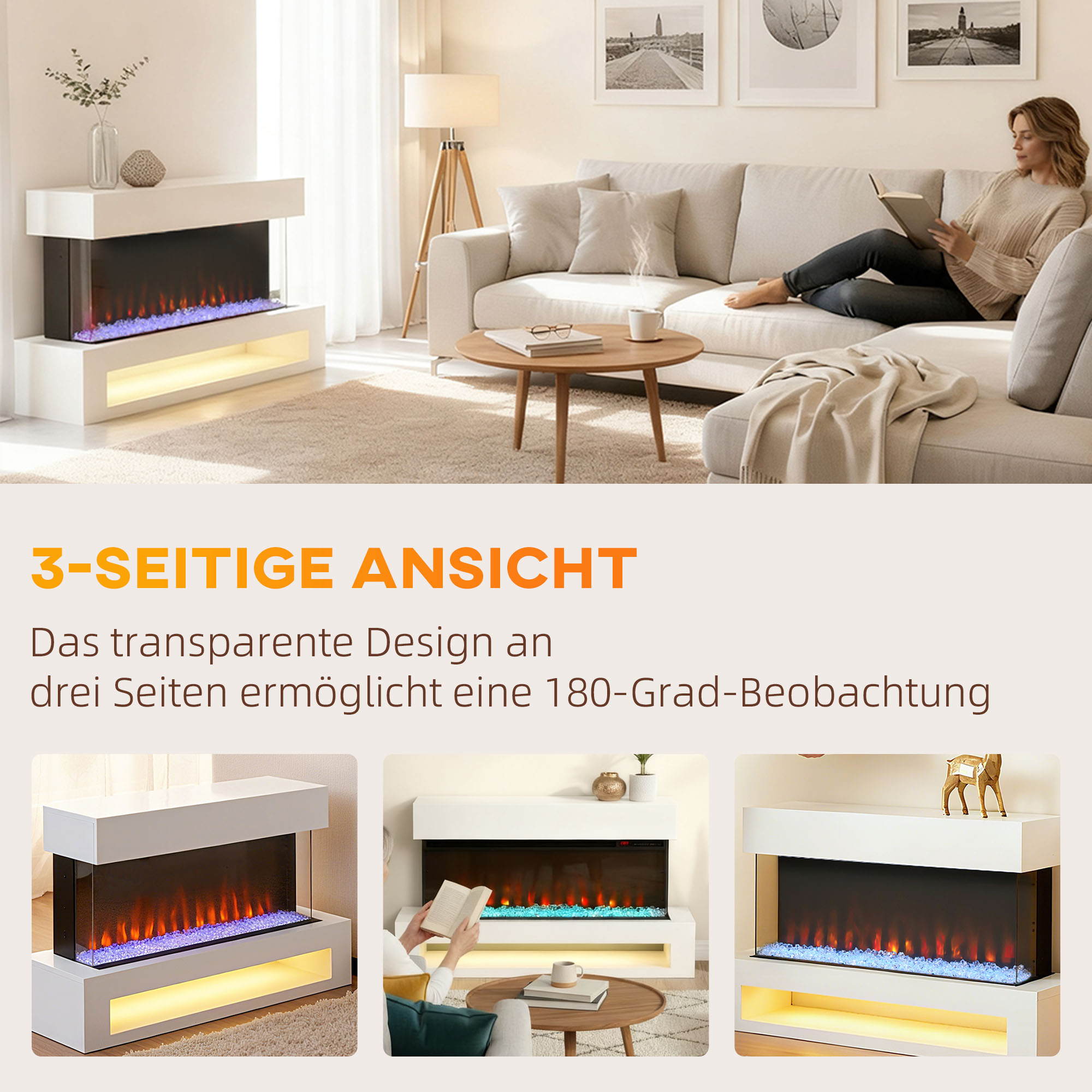 Elektro-Kamin mit 11 Flammenfarben, 10 Kristallbett-Farben, 1000W/2000W, Fernbedienung, vielseitig einsetzbar, Weiß