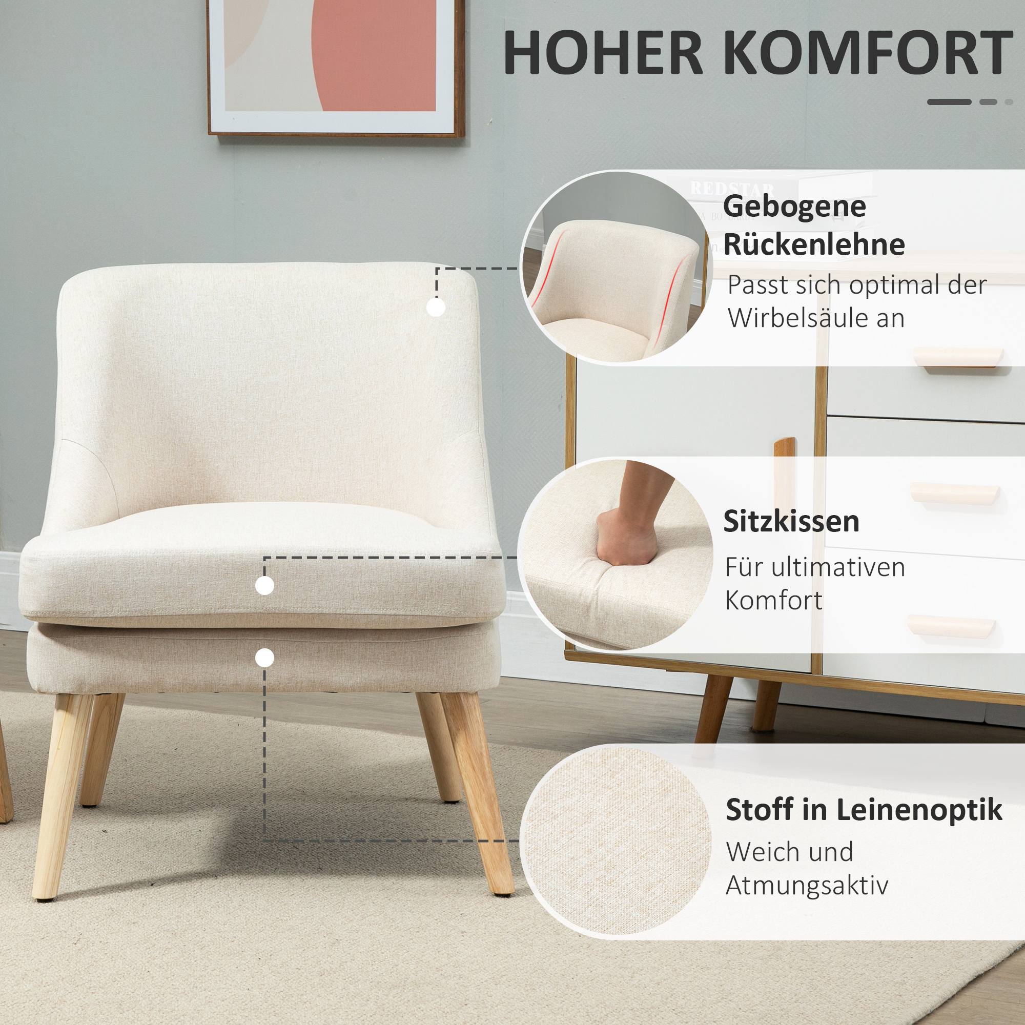 Sessel Loungesessel mit Leinenoptik, Armlehne, Gepolstert Relaxsessel mit Holzbeine, für Wohnzimmer, Schlafzimmer, Cremeweiß