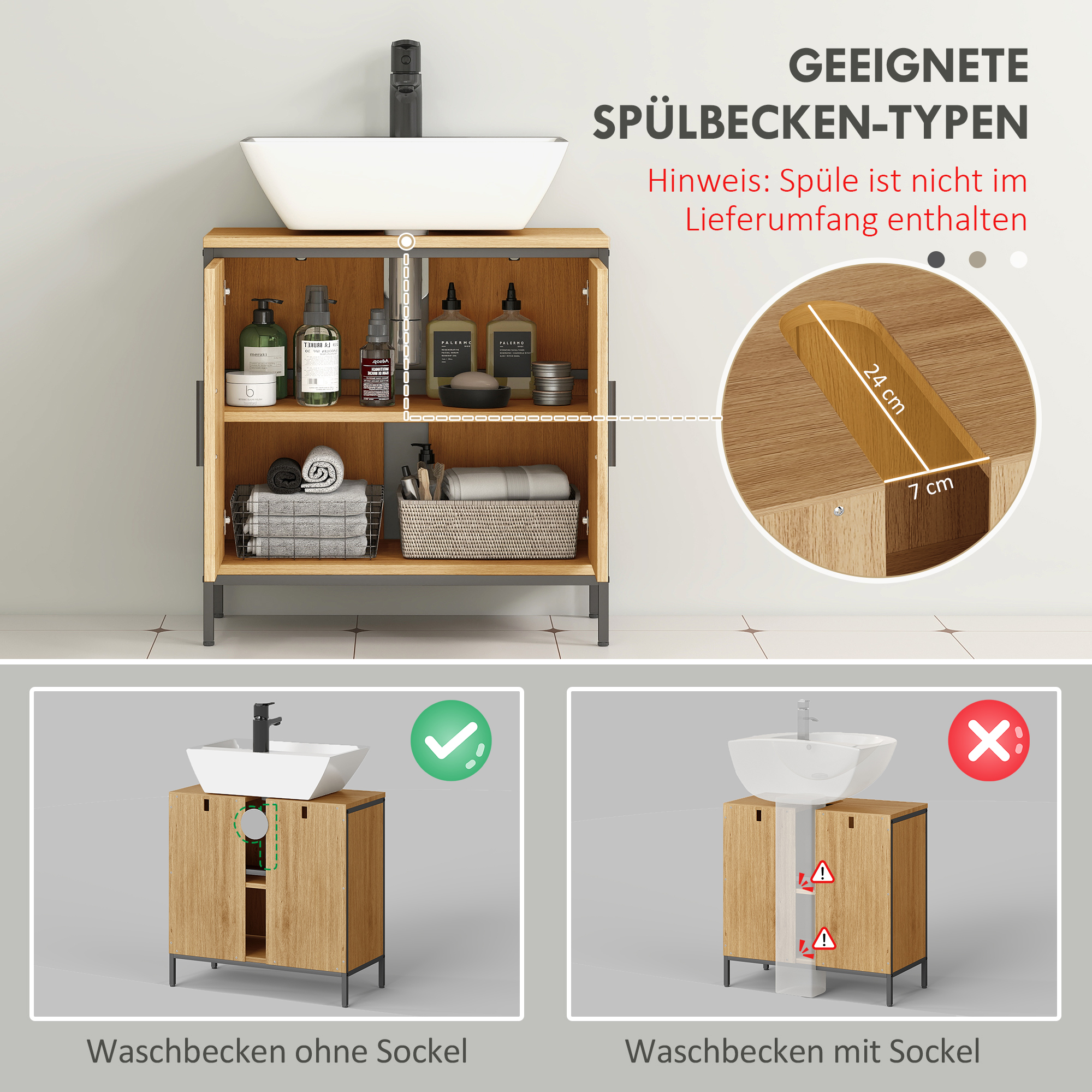 Waschbeckenunterschrank, Unterschrank mit 2 Türen, einstellbarem Regal, 60x30x60 cm Badezimmerschrank mit Stahlrahmen, für Waschbecken ohne Sockel, Eiche