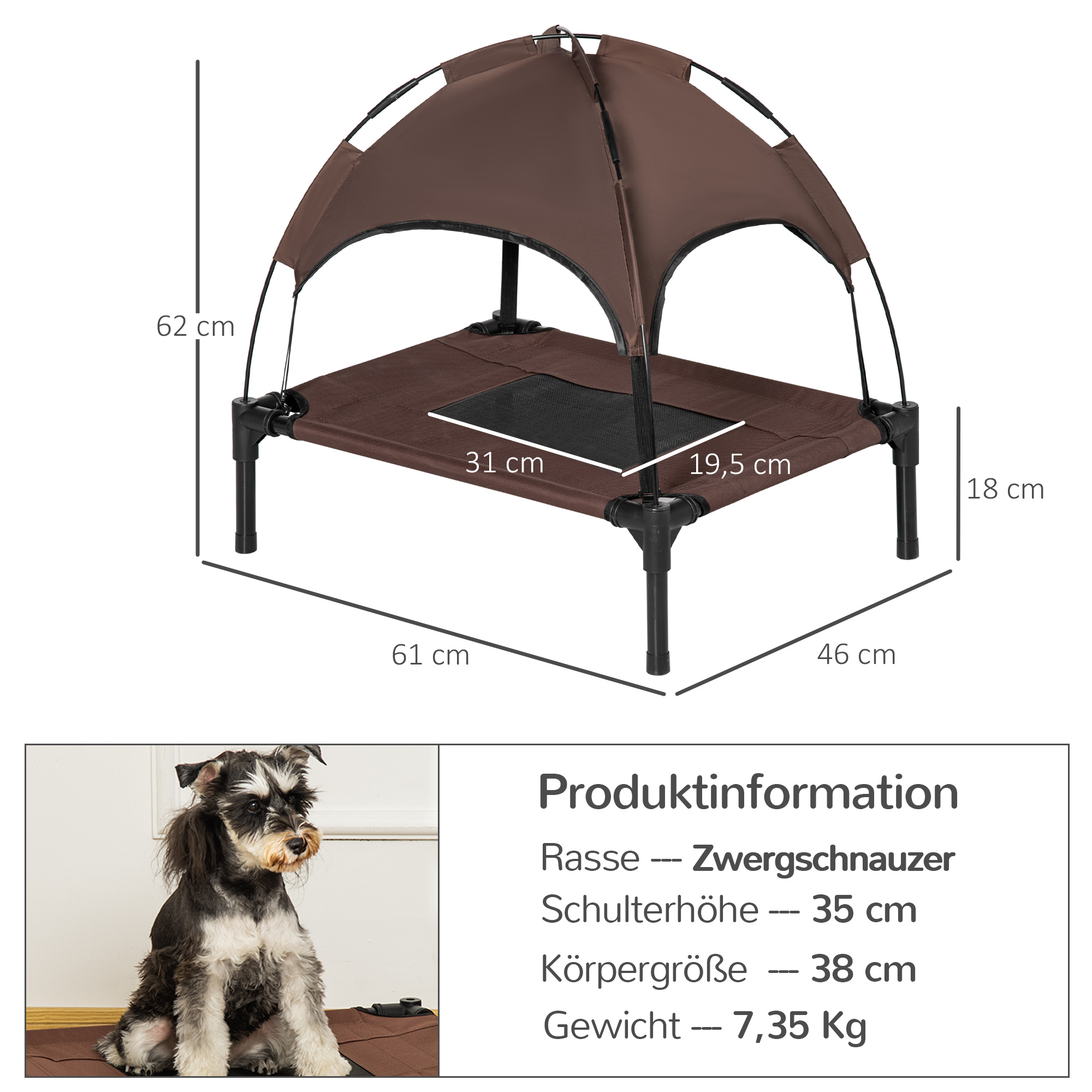 Haustierbett mit Baldachin, klappbar, Hundeliege, Outdoor-Hundebett, Mesh-Stoff, Braun + Schwarz