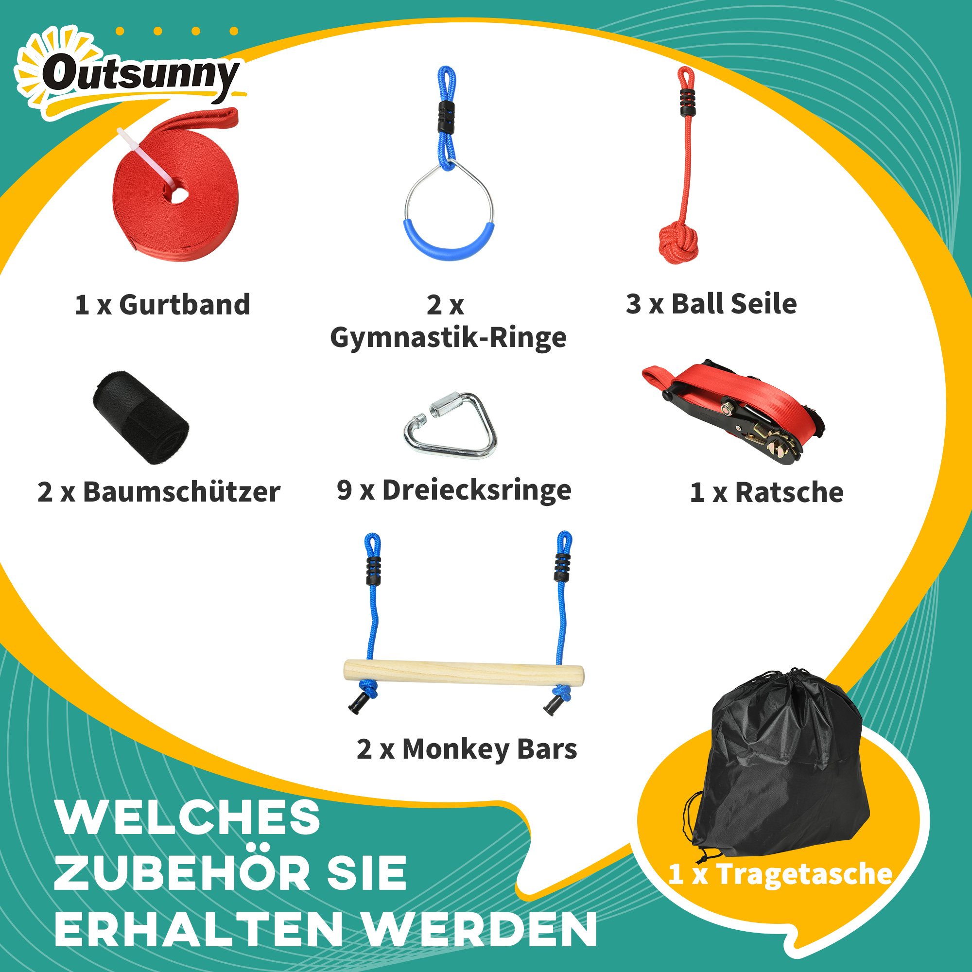 Ninja Kletterset, Slackline, 30-teilig, 10 m Seil, für Kinder 3-6 Jahren